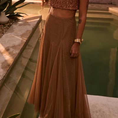 Elastic Mesh Flare Maxi Skirt