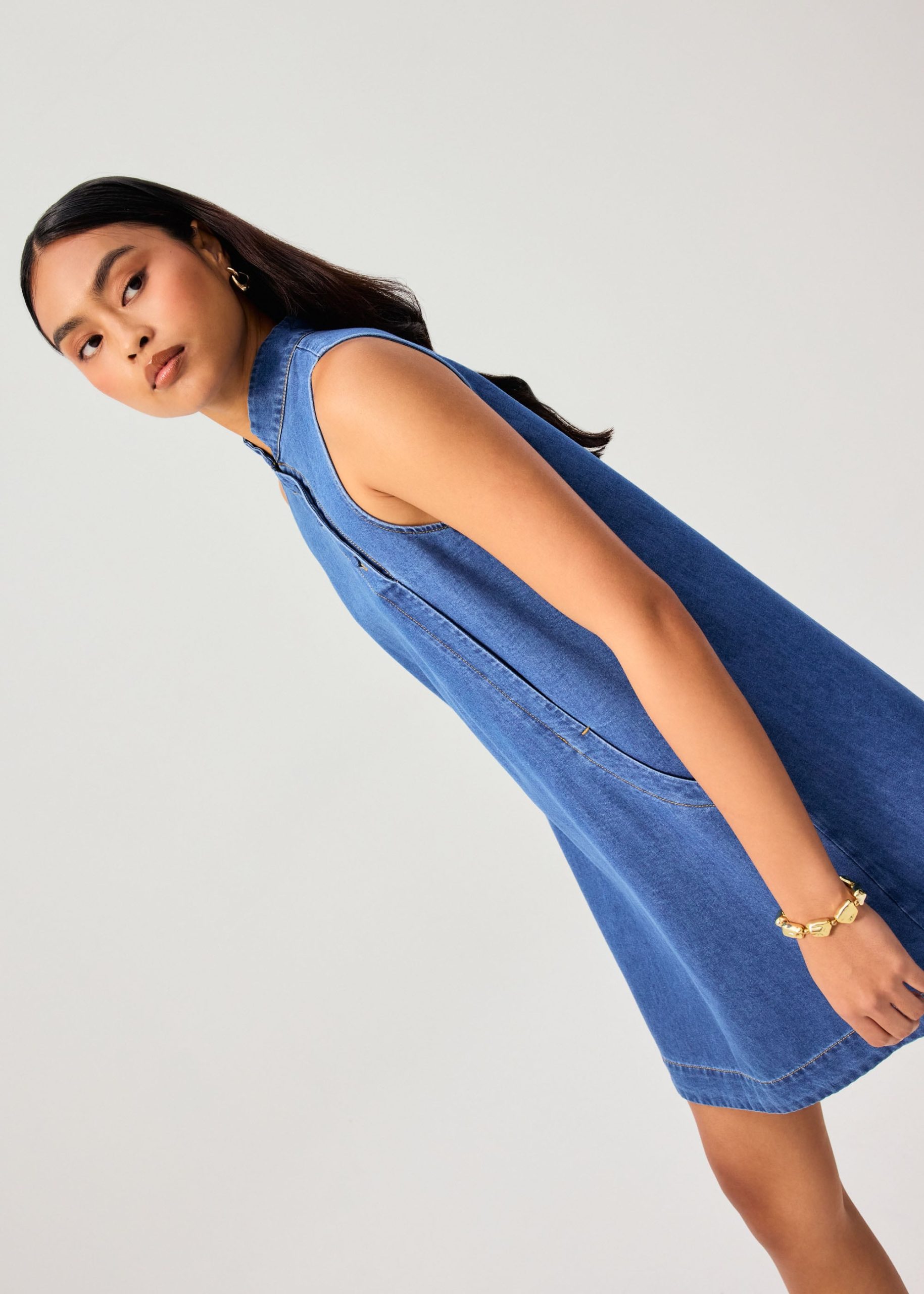 Denim Mandarin Collar Mini Dress - Image 5