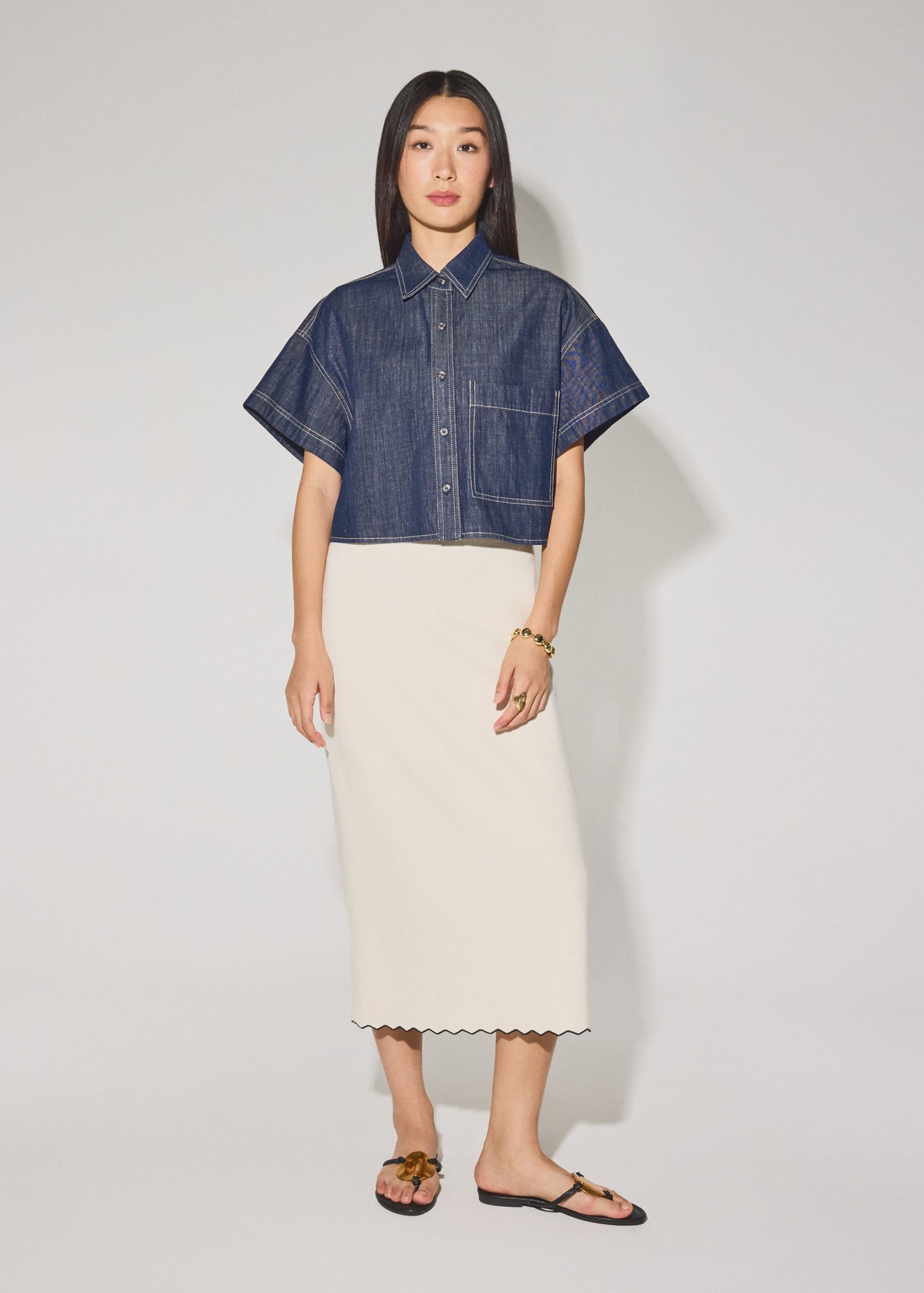 Denim Contrast Stitch Boxy Button Down Shirt - Image 5