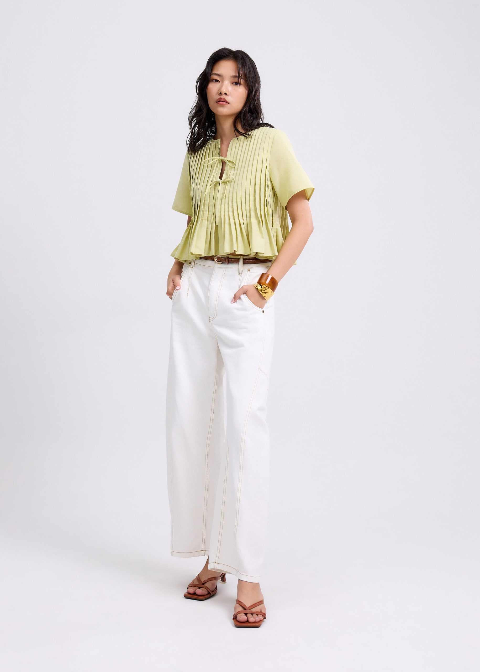 Oxford Pintuck Notched Peplum Top - Image 14