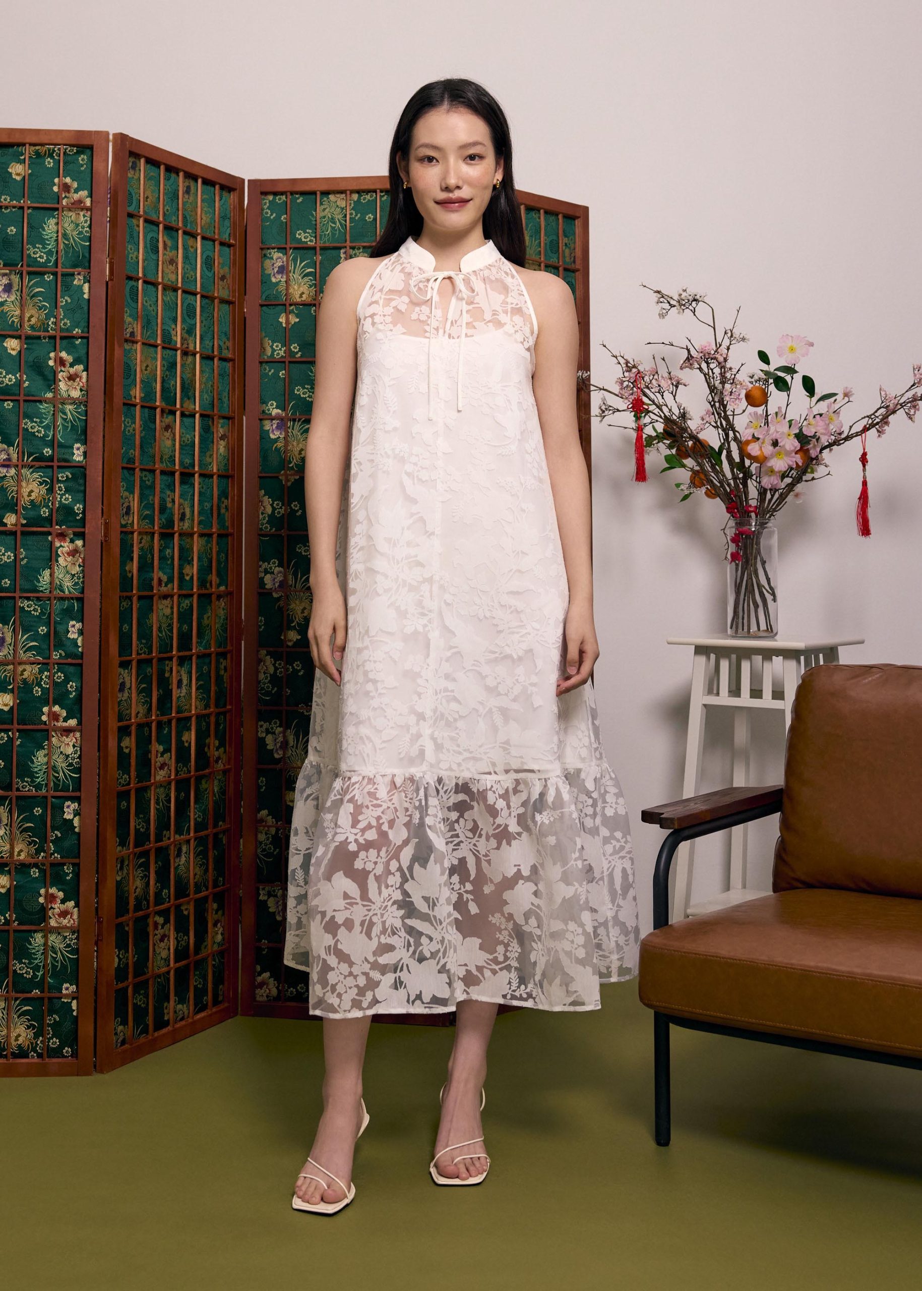 Jacquard Mandarin Collar Trapeze Midaxi Dress - Image 5