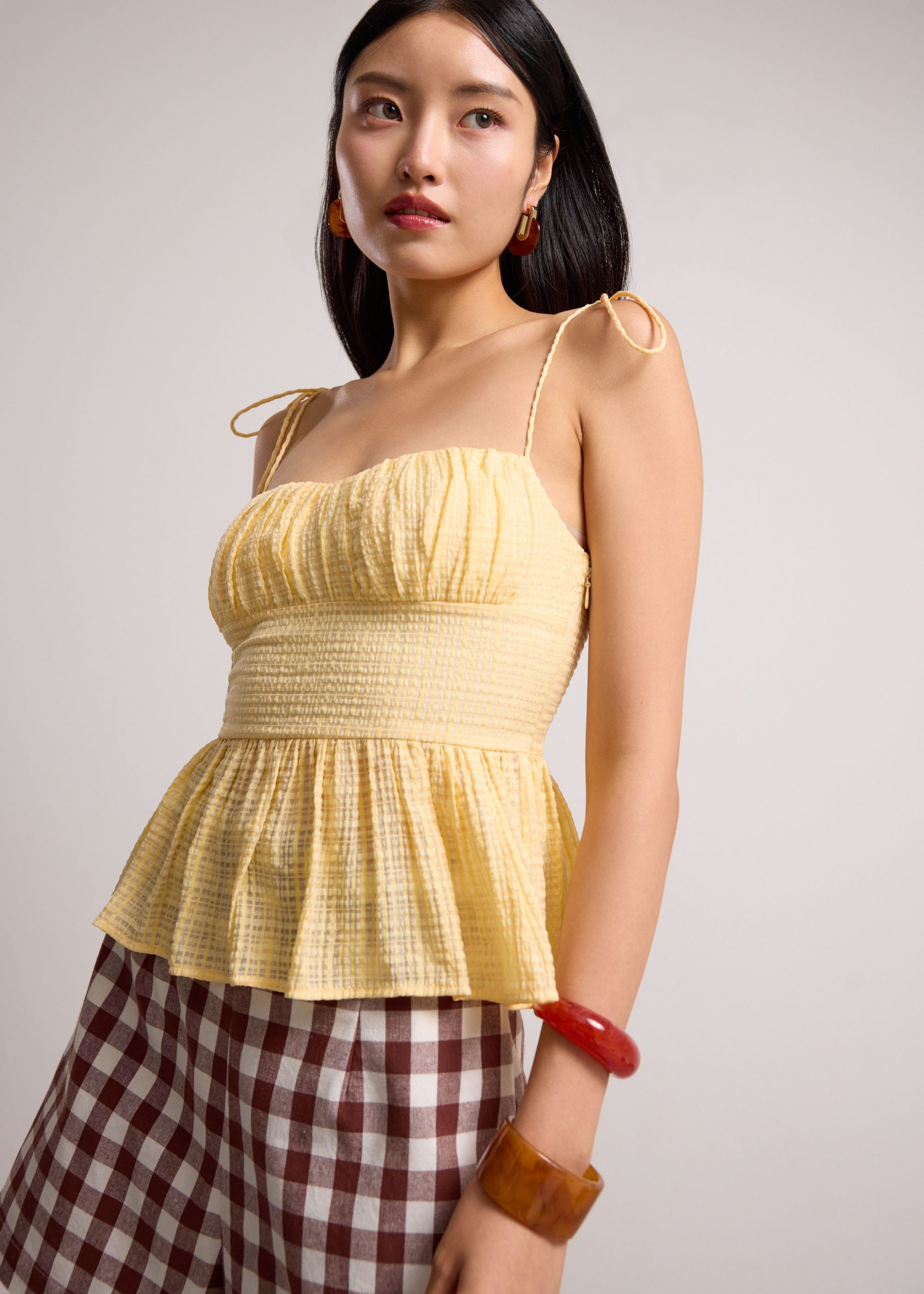 Crinkled Check Lyocell Sweetheart Camisole Peplum Top - Image 2