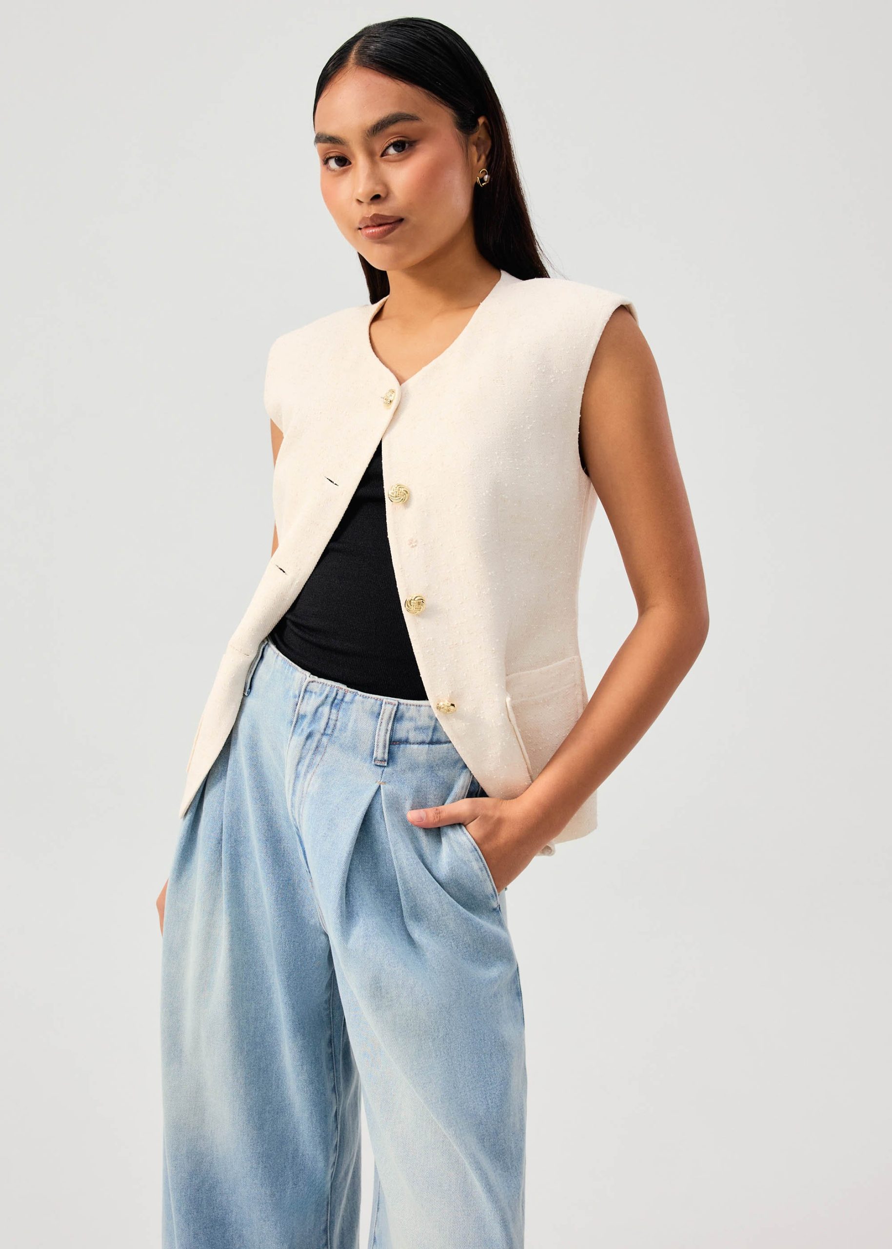 Isa Shoulder Padded Tweed Round Neck Vest Top - Image 4