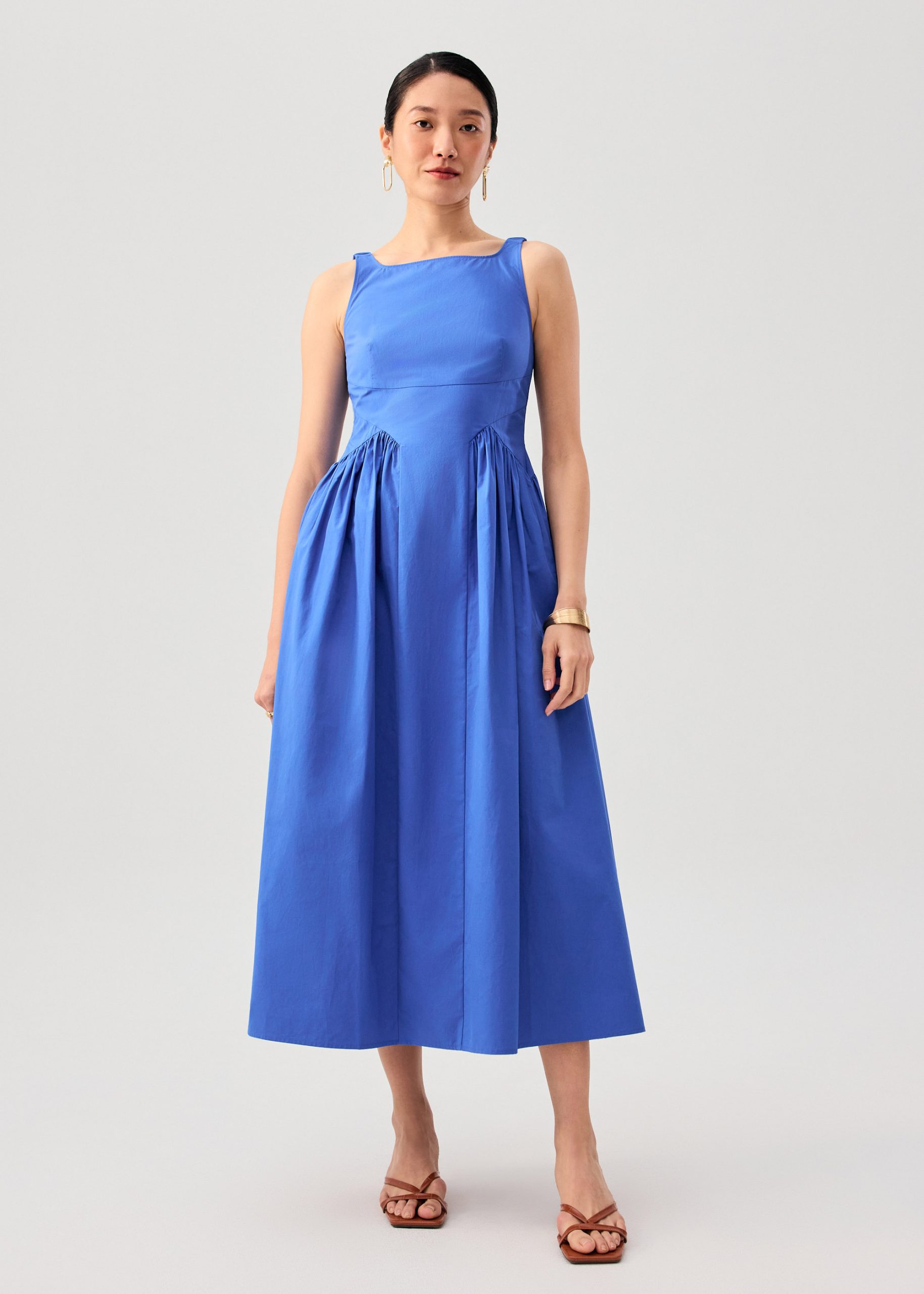 Elastic Strap Cotton Straight Neck Fit & Flare Maxi Dress - Image 3