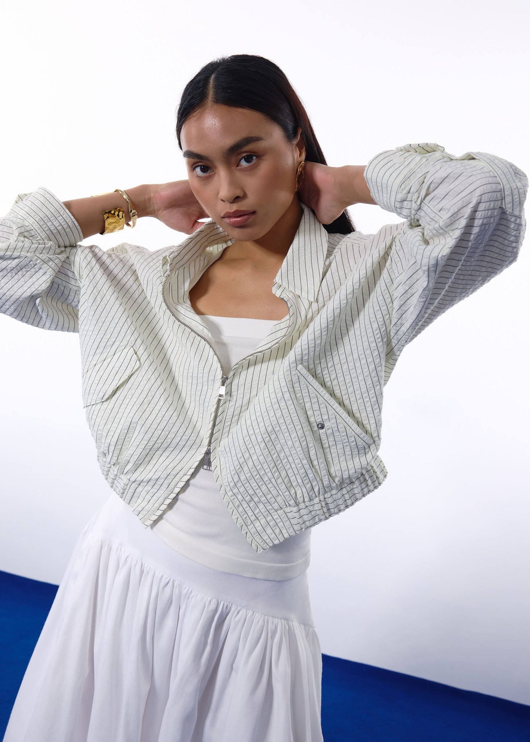 RuchedReady® Relaxed Pinstripe Seersucker Collared Crop Jacket - Image 8