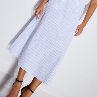 Pearl Embellished Pinstripe Flare Midaxi Skirt