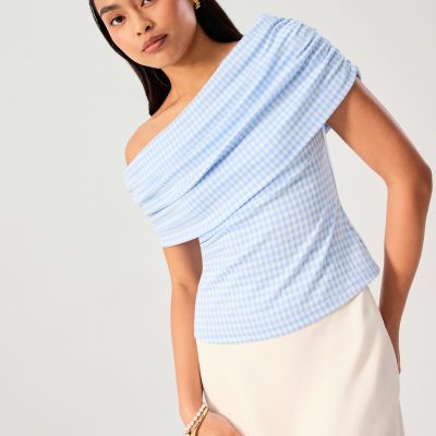 Gingham Jersey Off-Shoulder Fitted Top