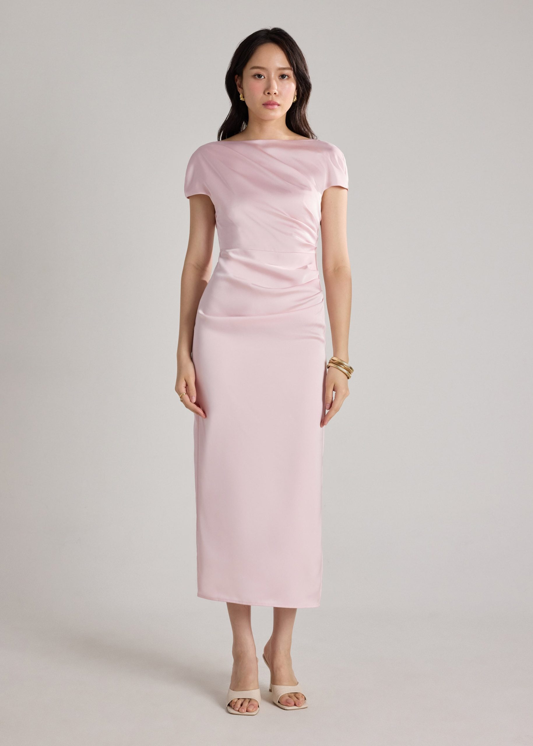 Satin Drape Boat Neck Dress - Image 7