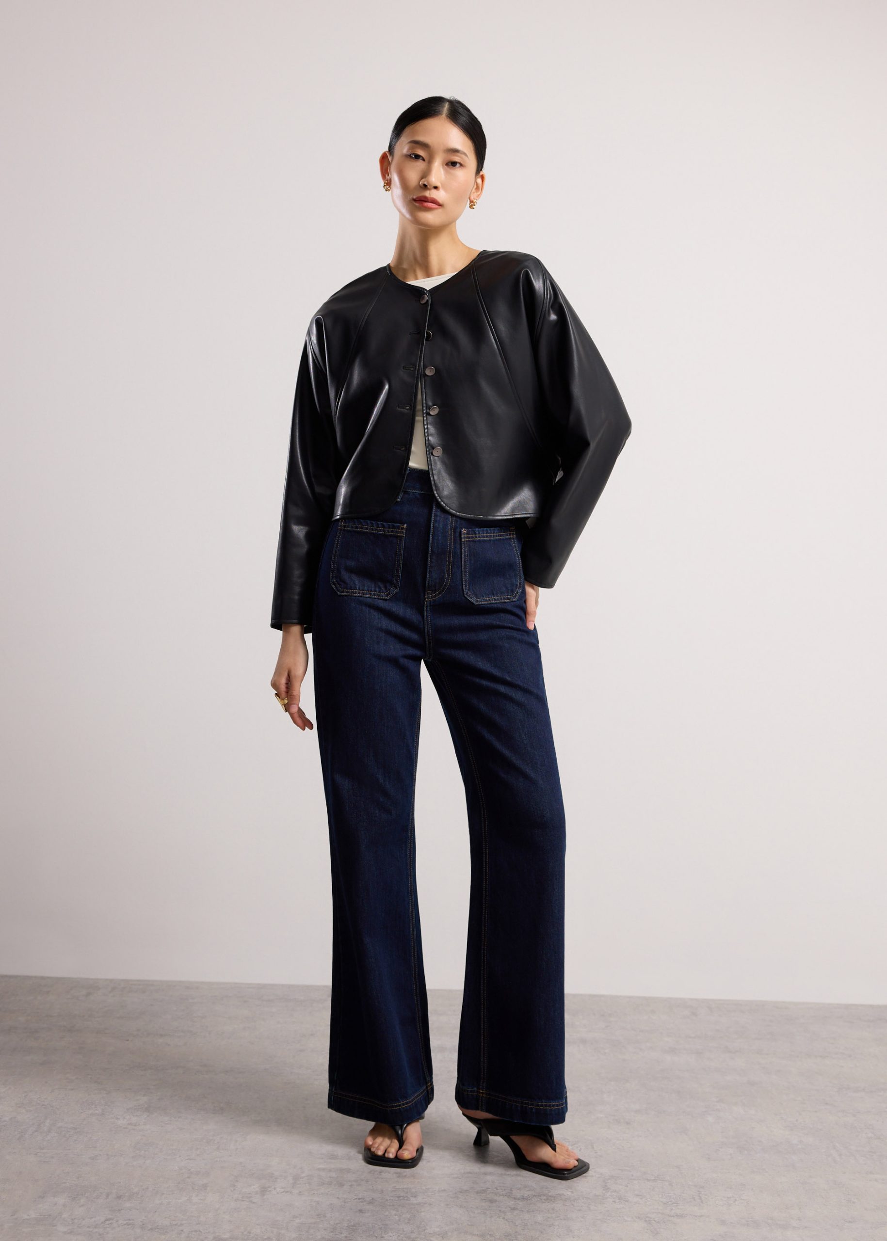 Relaxed Vegan Leather Collarless Button Down Jacket - Image 2