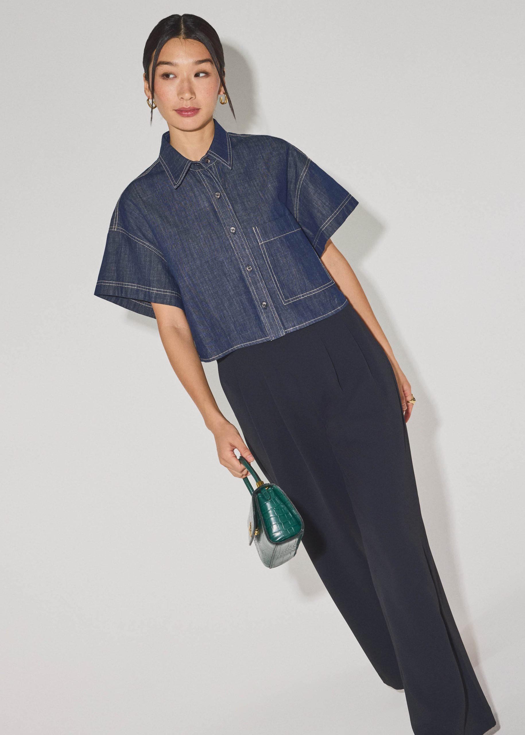 Denim Contrast Stitch Boxy Button Down Shirt - Image 6