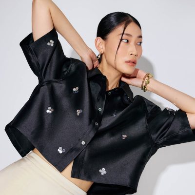 Embellished Satin Collared Boxy Crop Shirt