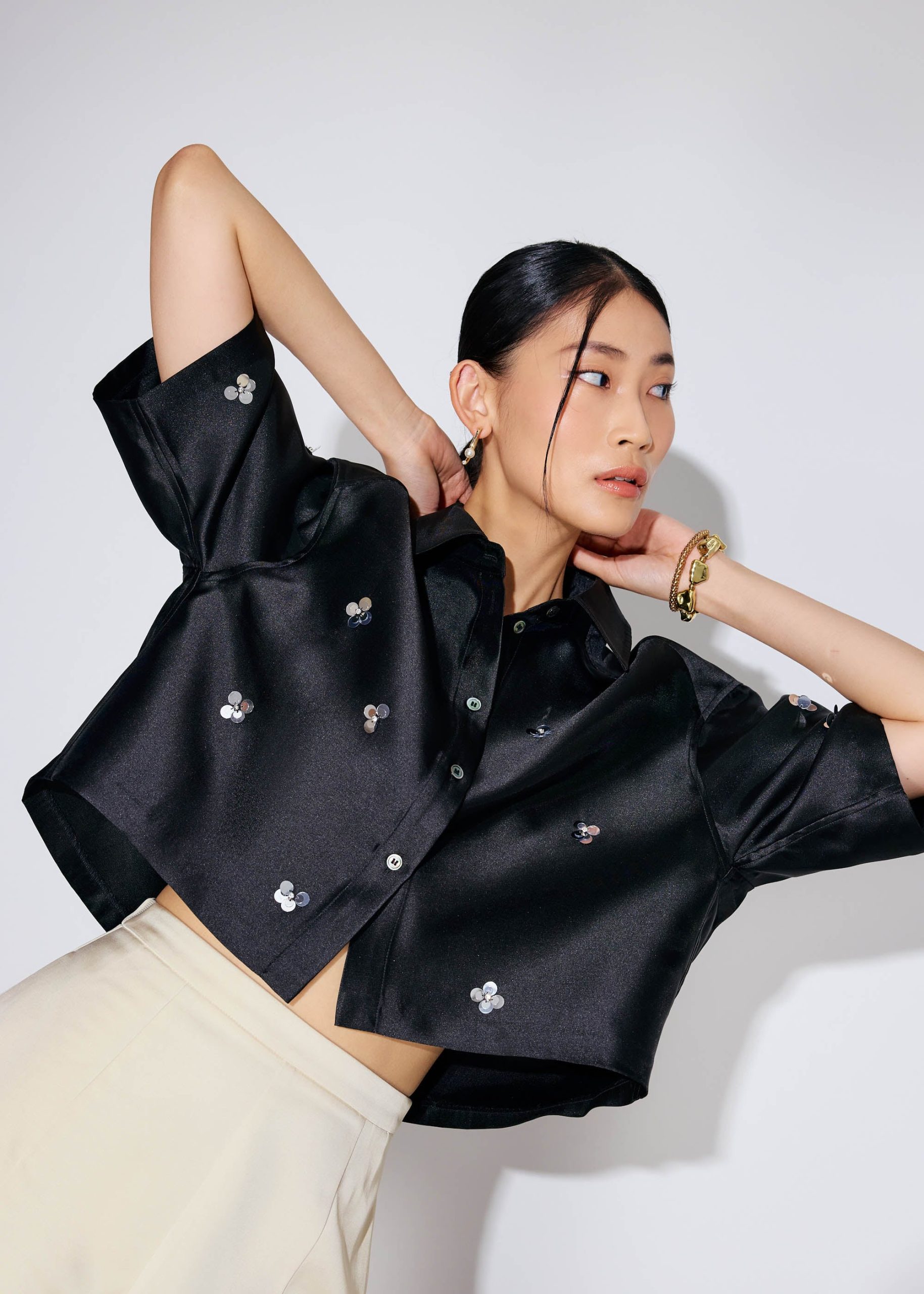 Embellished Satin Collared Boxy Crop Shirt