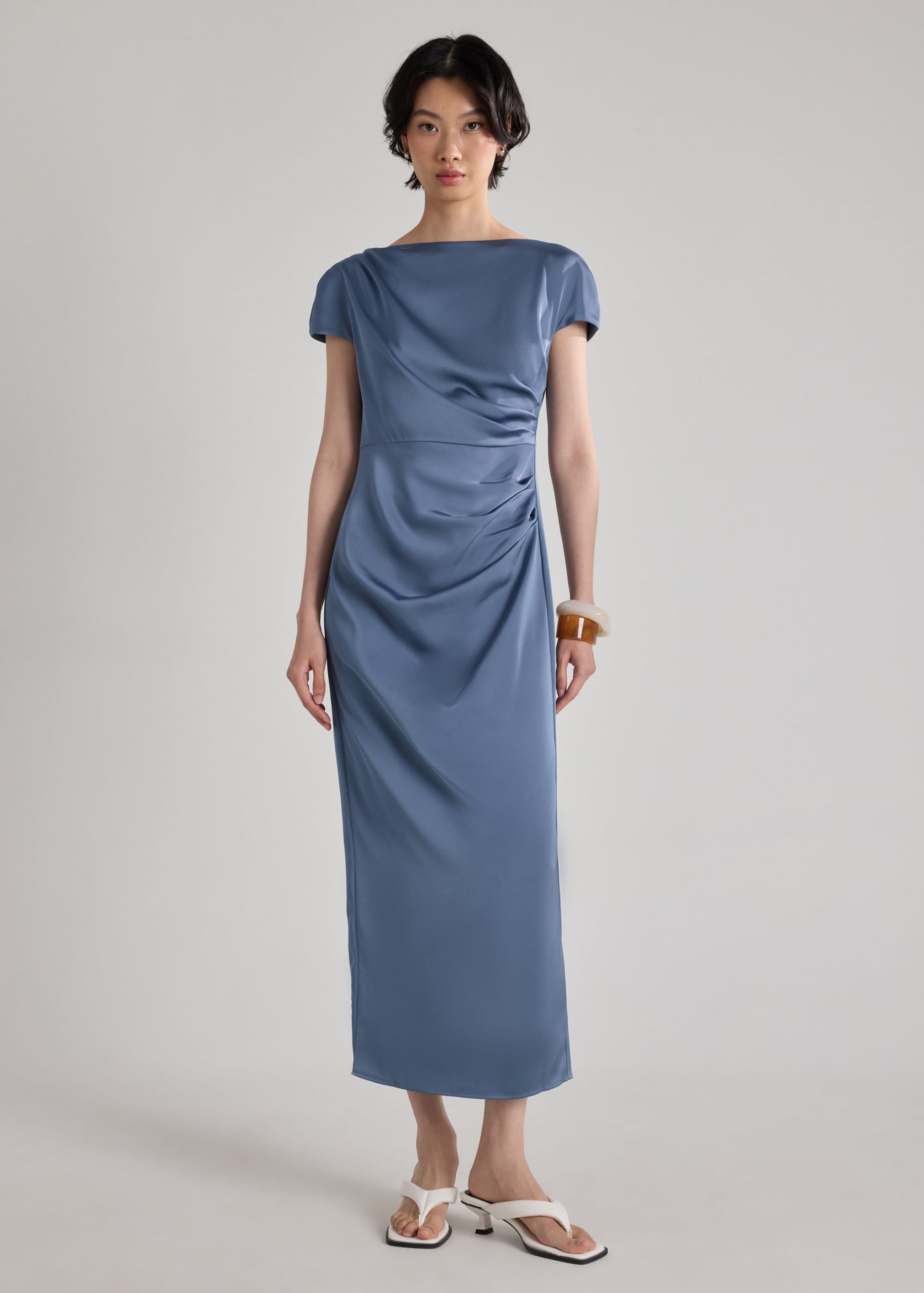 Satin Drape Boat Neck Dress - Image 19