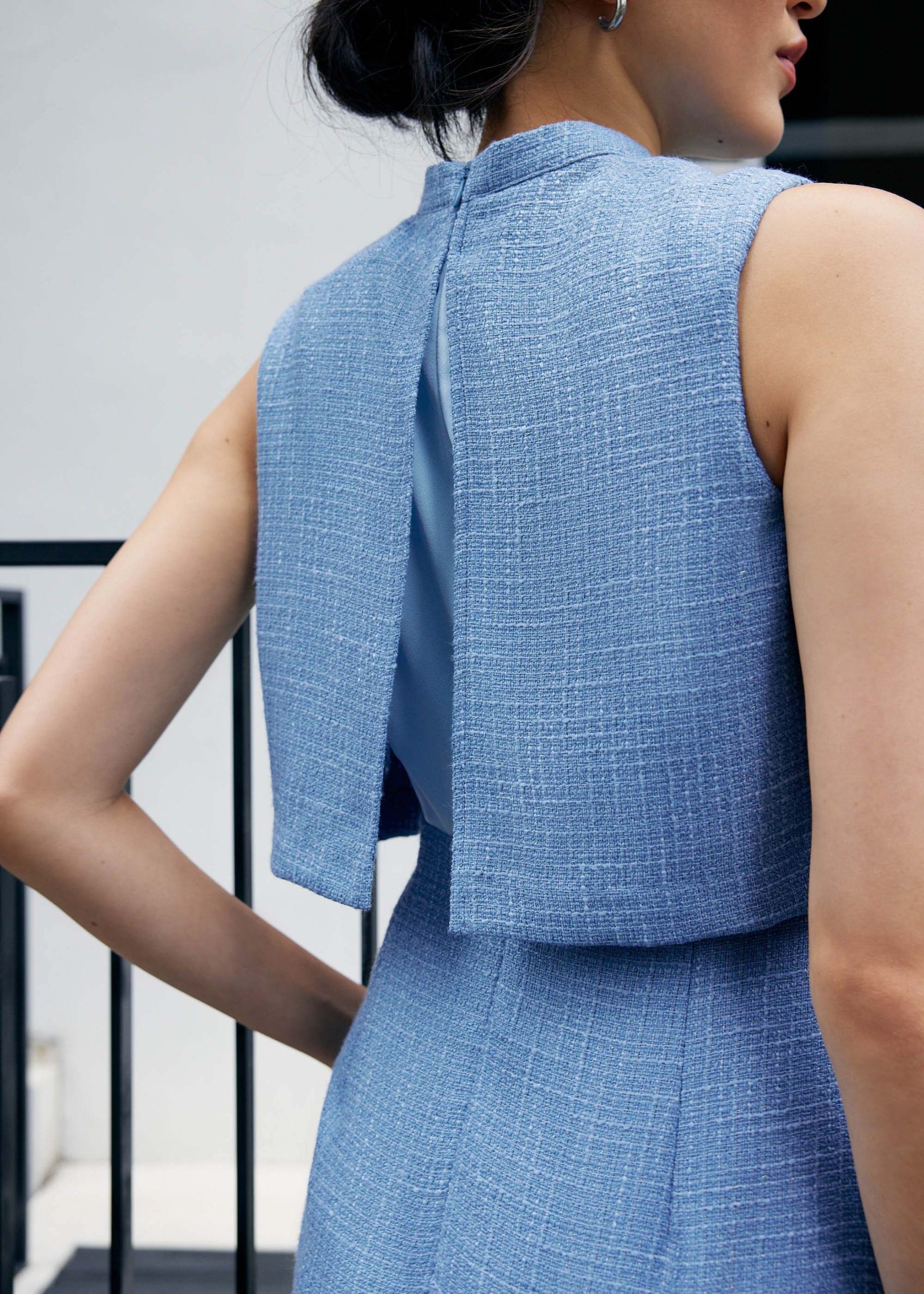 Tweed Mandarin Collar Column Midi Dress - Image 3
