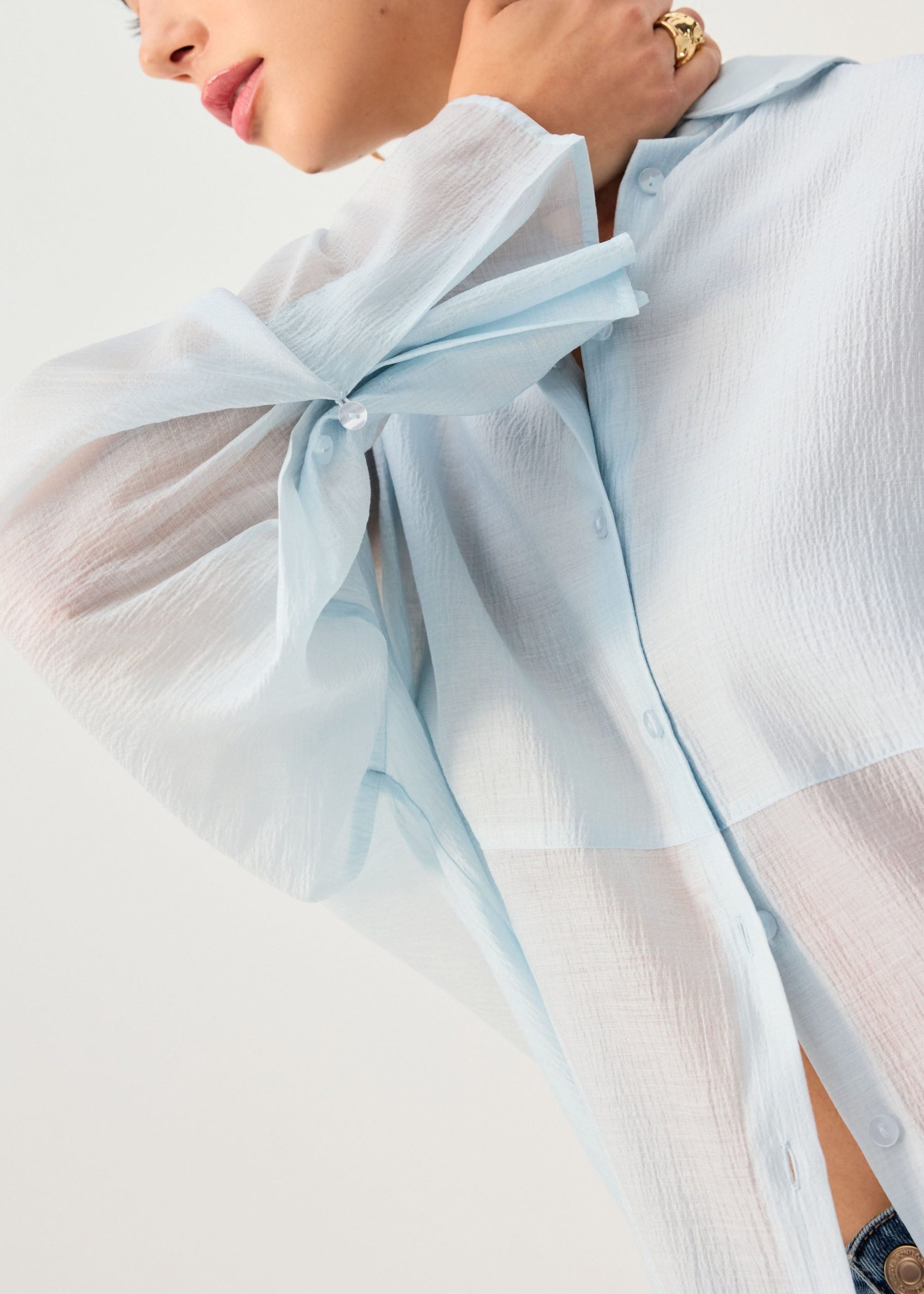 Oversized Sheer Lyocell Collared Poet Sleeve Blouse - Image 10