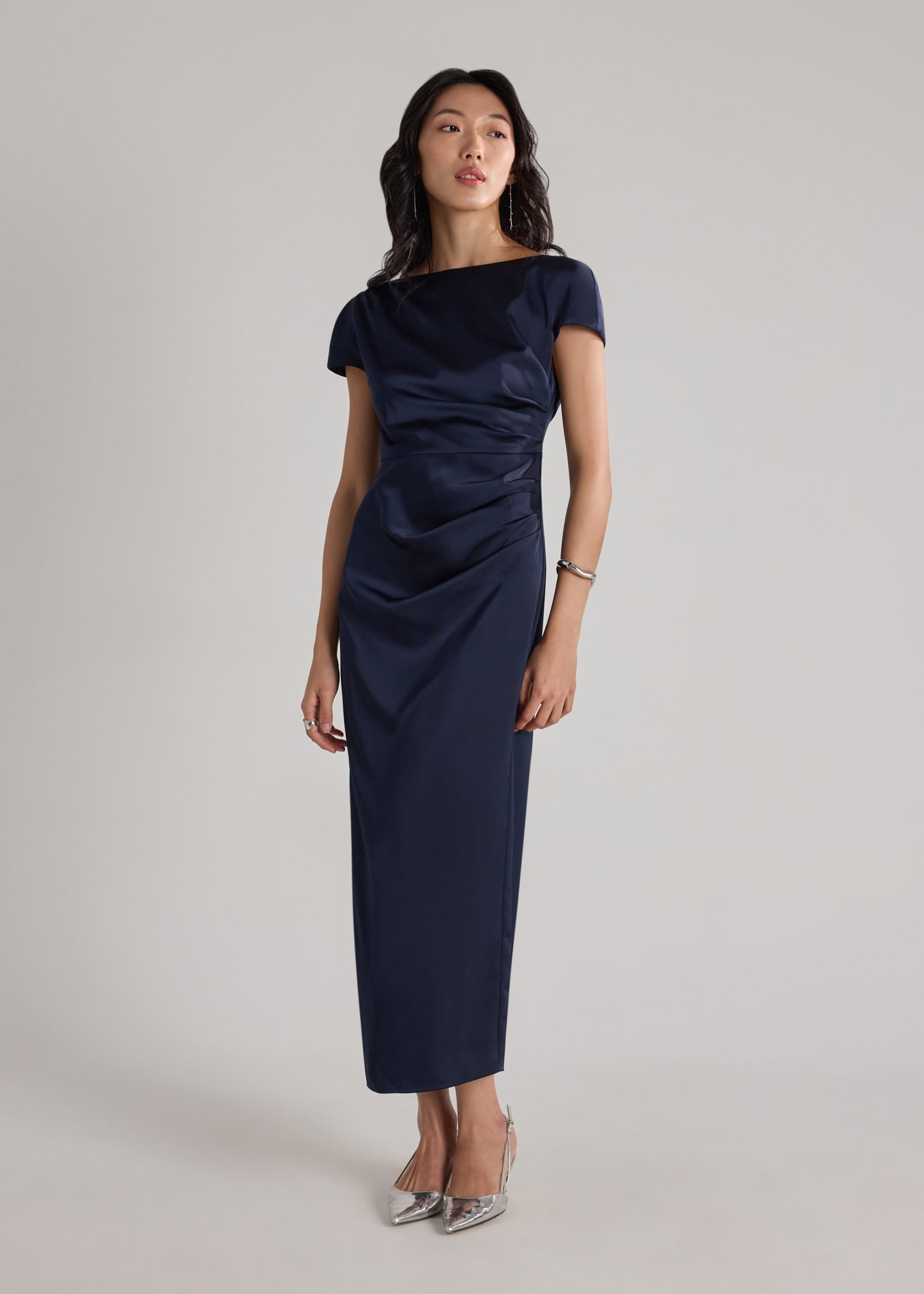 Satin Drape Boat Neck Dress - Image 13