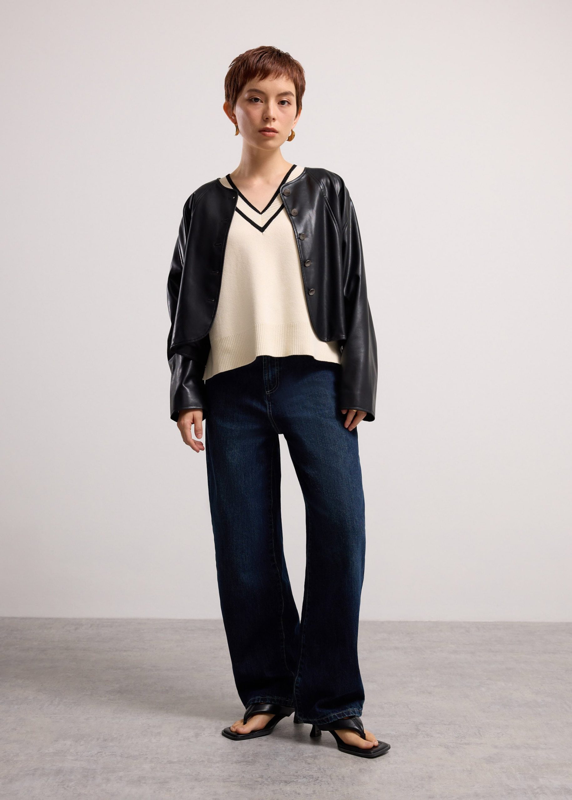 Relaxed Vegan Leather Collarless Button Down Jacket - Image 7