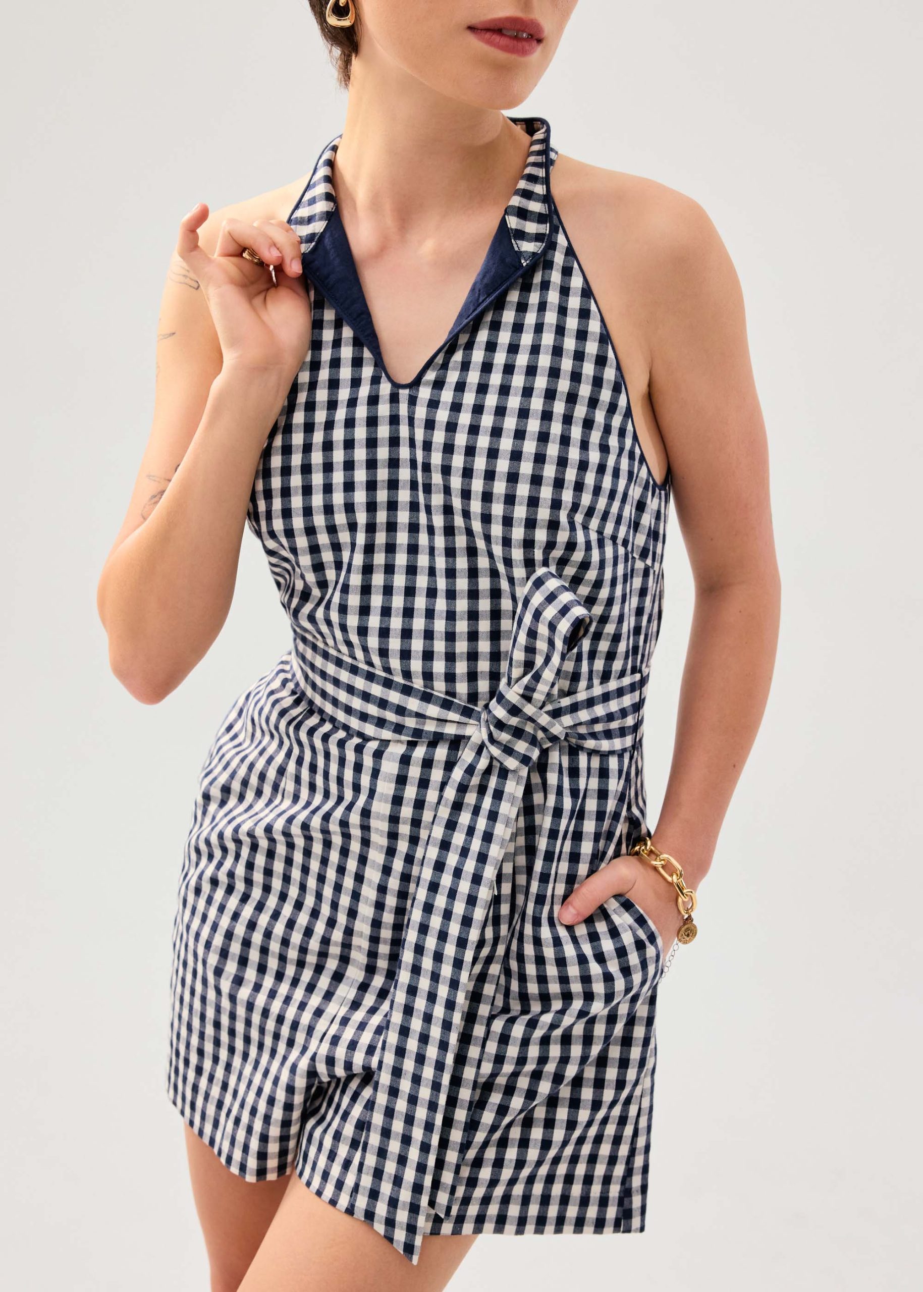Gingham Cotton Mandarin Collar A-line Romper - Image 15