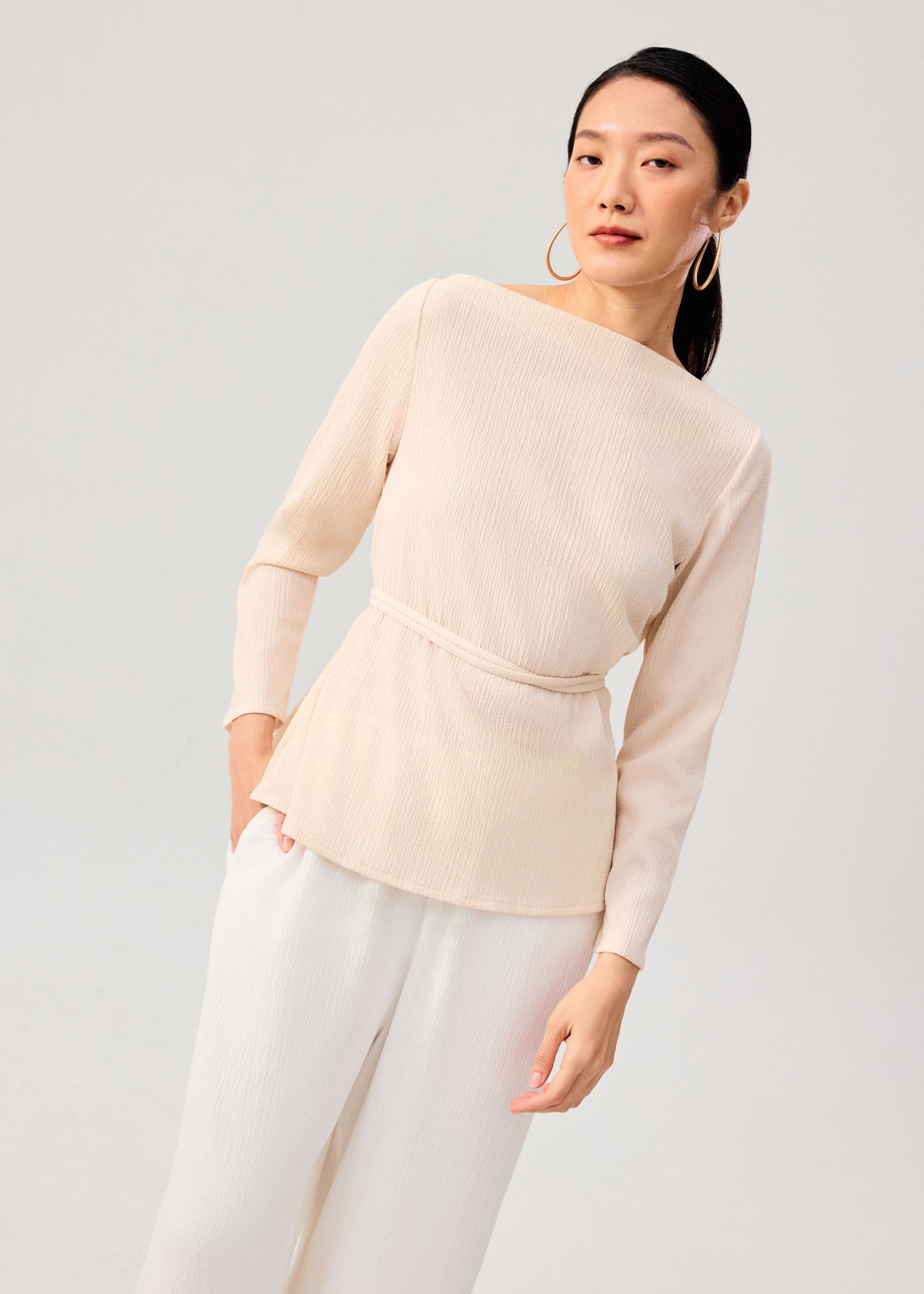 Sash Tie Crinkled Boat Neck Top