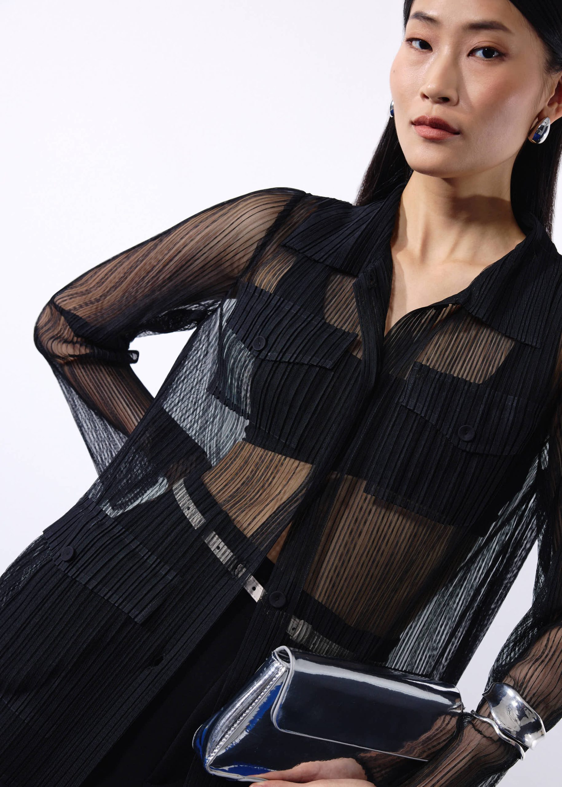 Sheer Plisse Collared Button Down Shirt - Image 2