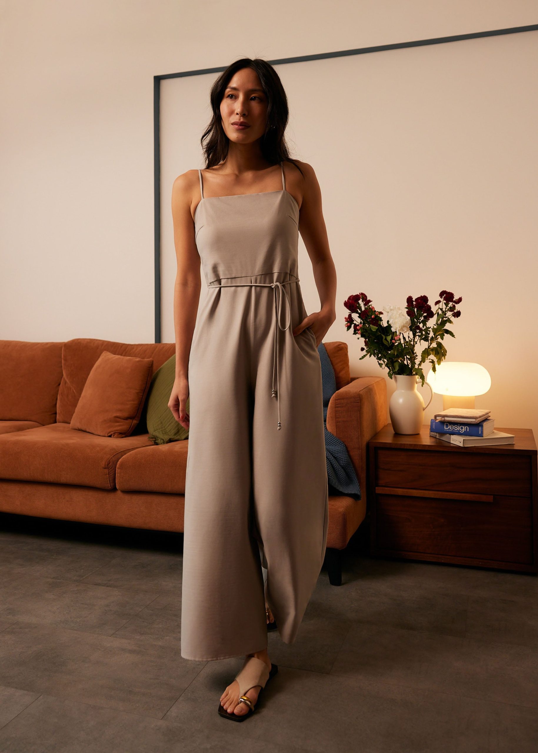 Belted Straight Neck Wide Leg Jumpsuit - Image 10