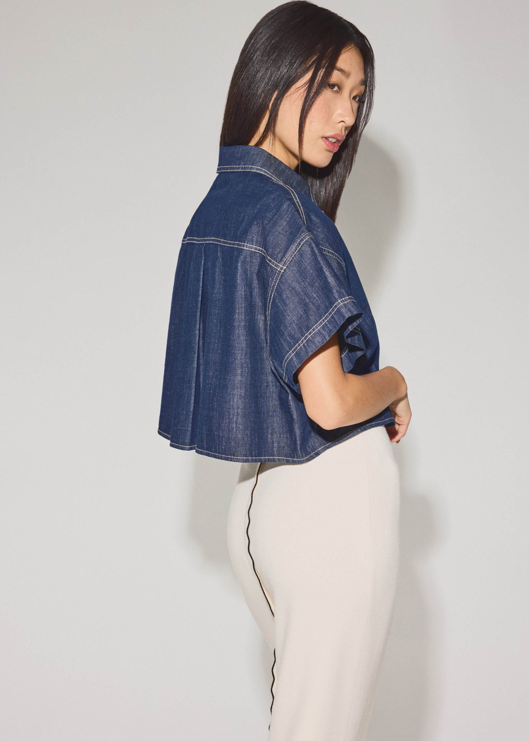 Denim Contrast Stitch Boxy Button Down Shirt - Image 7