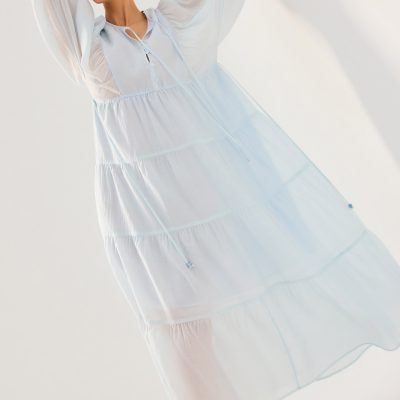 Sheer Lyocell Tiered Round Neck Trapeze Maxi Dress