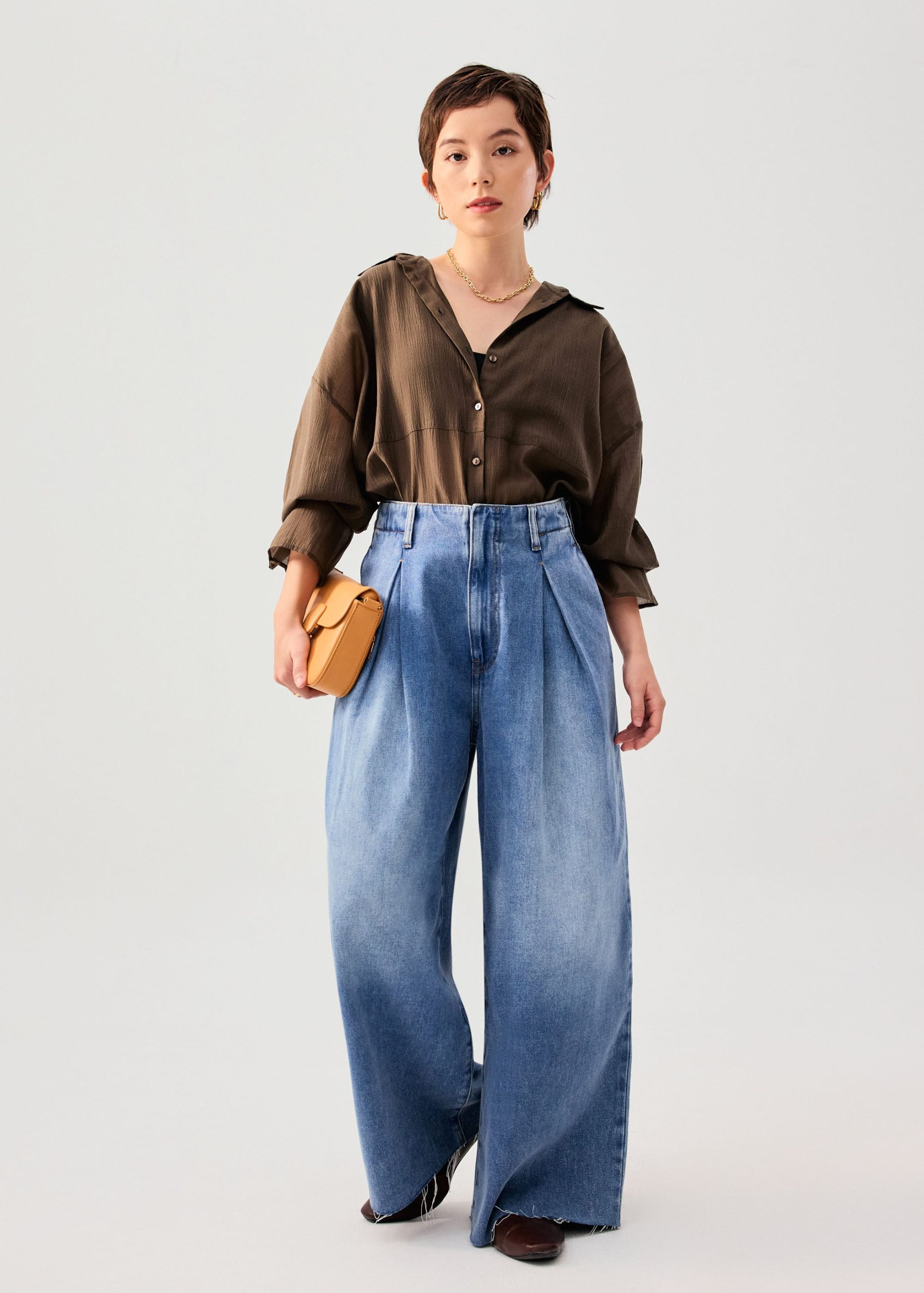Denim Front Pleat Mid Waist Wide Leg Jeans - Image 11