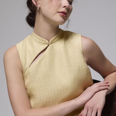 Tweed Mandarin Collar Column Midi Dress