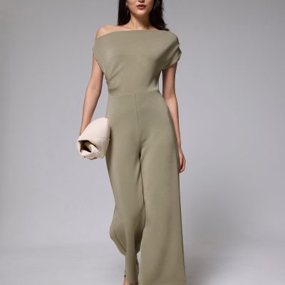 Pleated Neoprene Asymmetric Jumpsuit