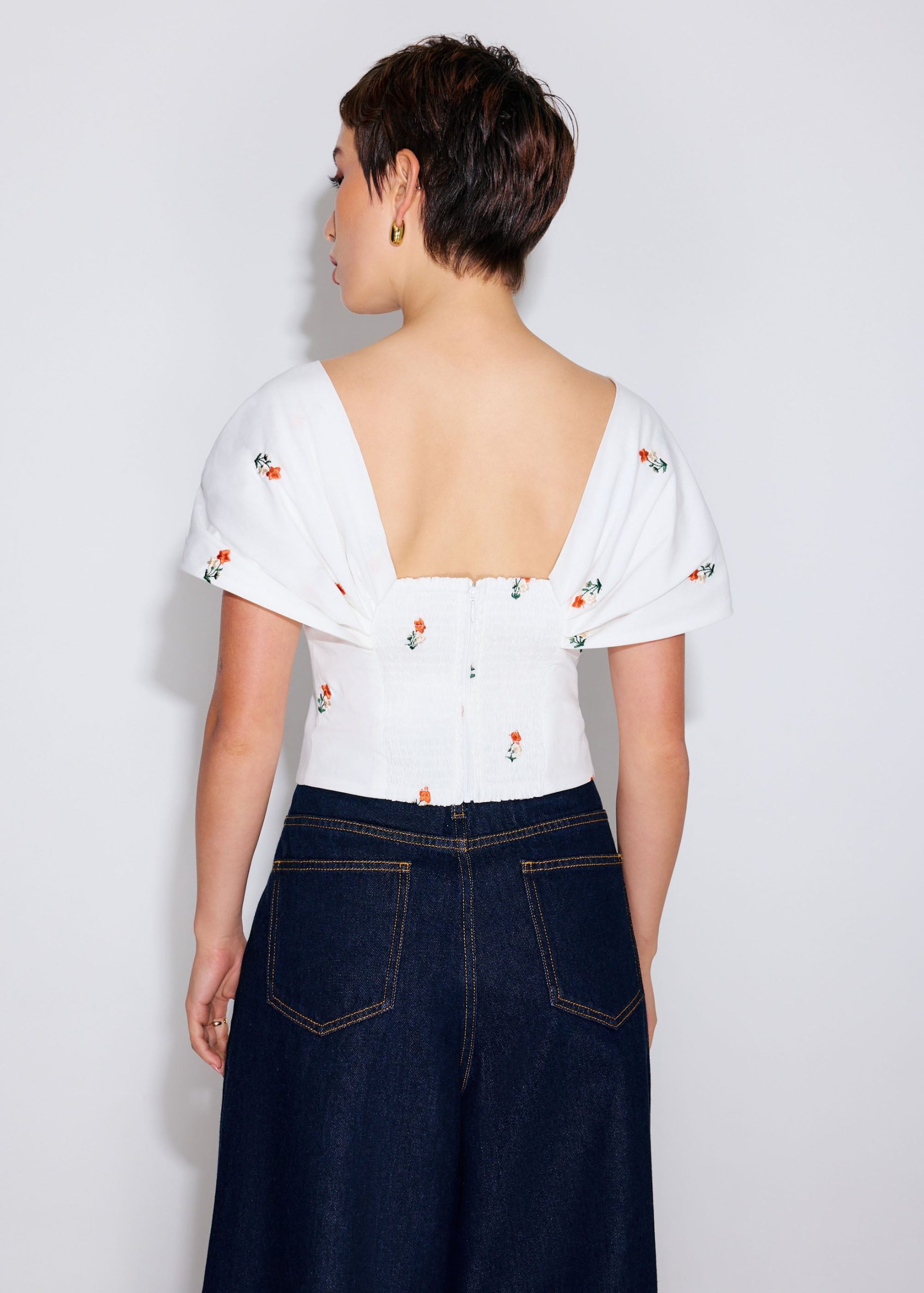 BraFree by LB Ruched Cotton Floral Embroidery Off-Shoulder Fitted Top - Image 5