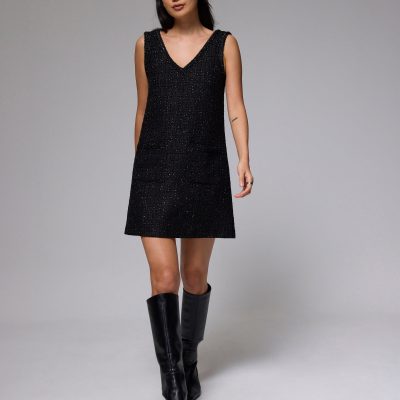 Metallic Tweed V-neck Shift Mini Dress