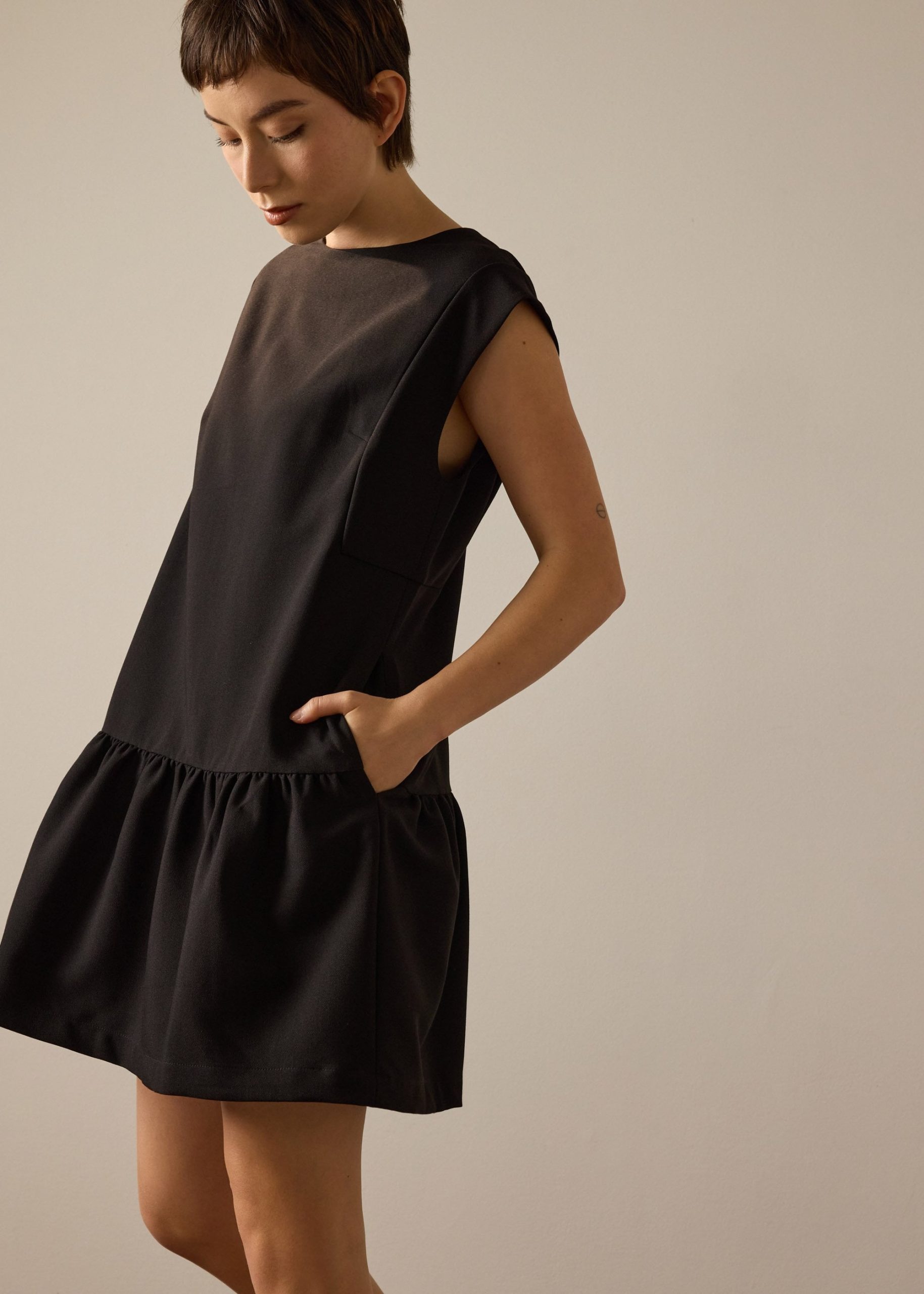 Marla Twill Round Neck Drop Waist Mini Dress