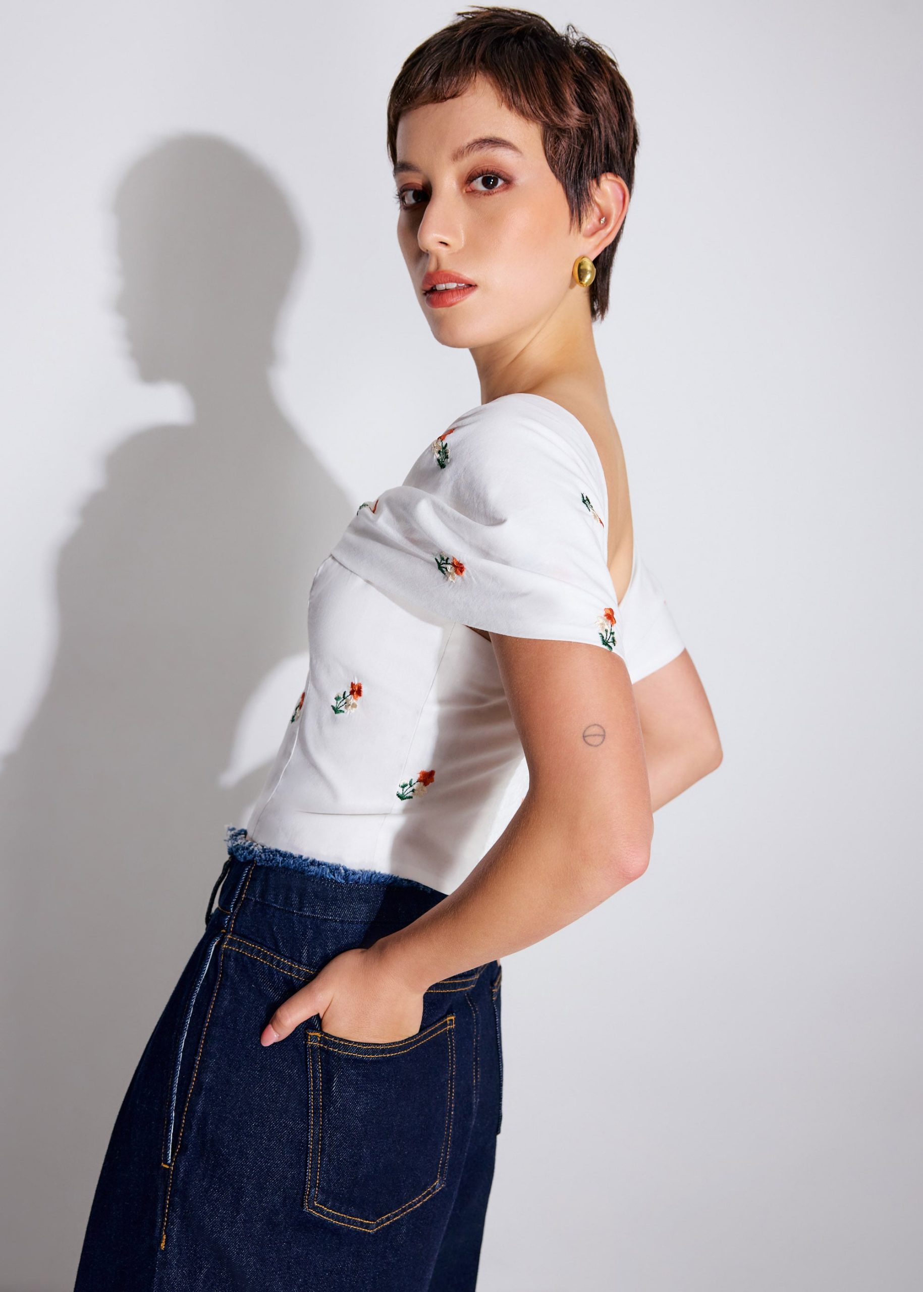 BraFree by LB Ruched Cotton Floral Embroidery Off-Shoulder Fitted Top - Image 2