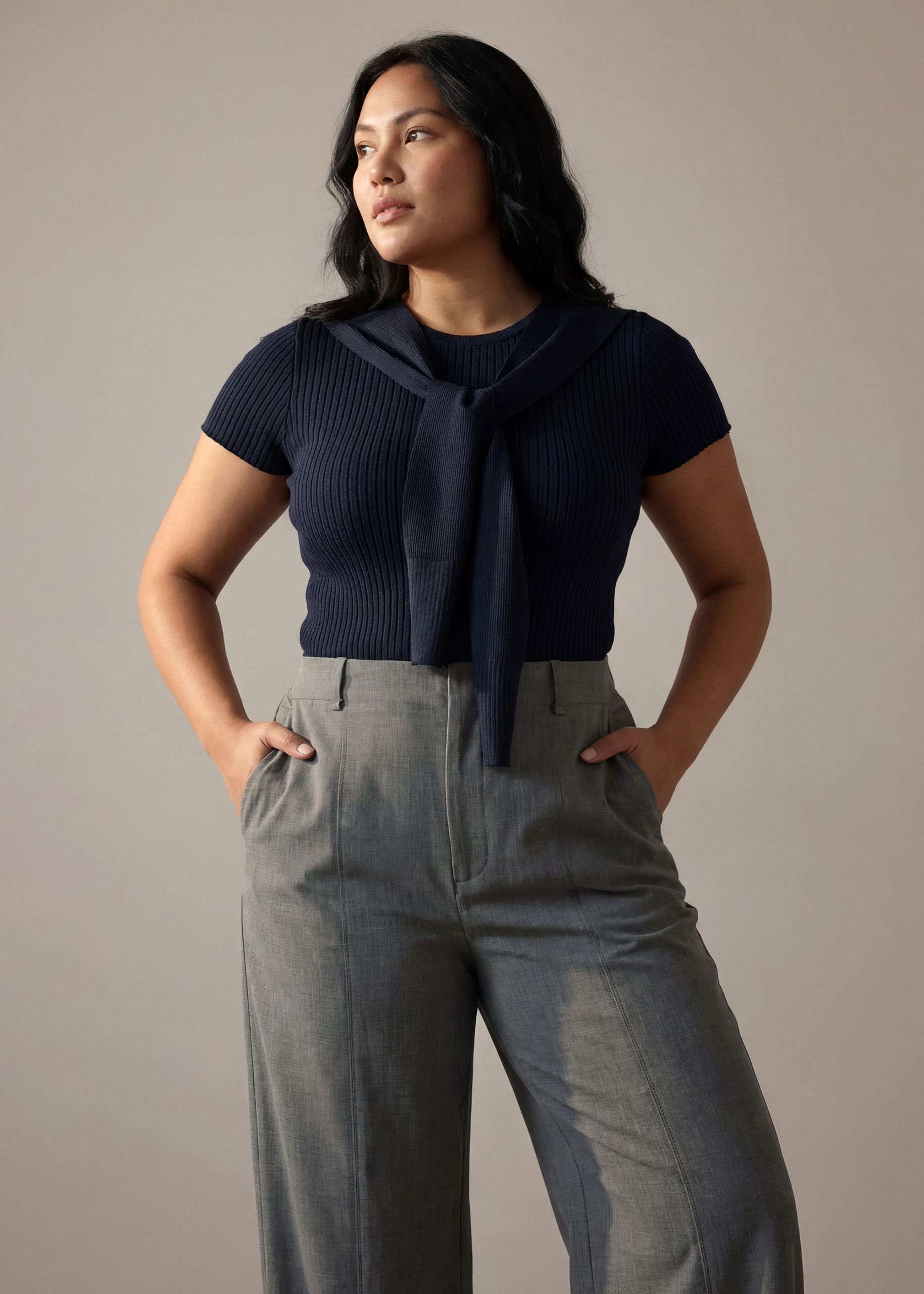 Knit Tie Collar Round Neck Top - Image 8
