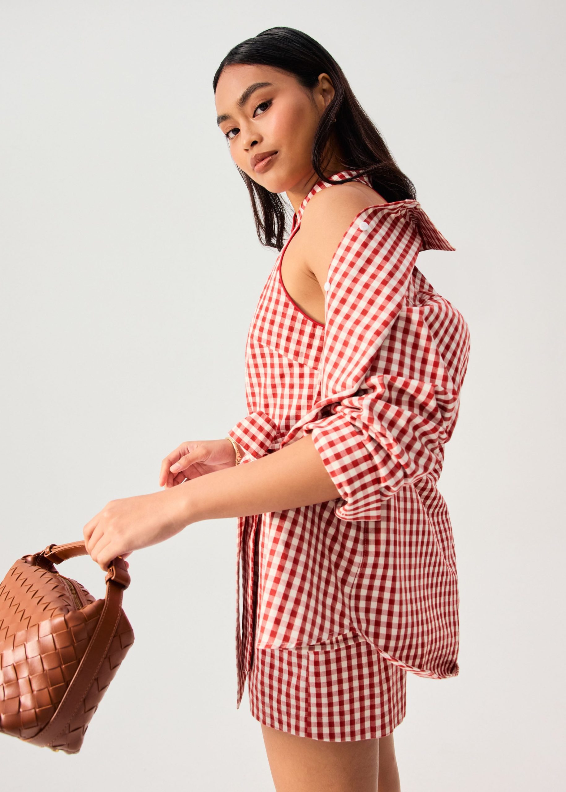 Gingham Cotton Mandarin Collar A-line Romper - Image 6