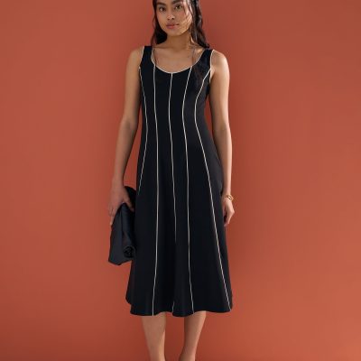 Contrast Colour Panelled V-neck Fit & Flare Midi Dress