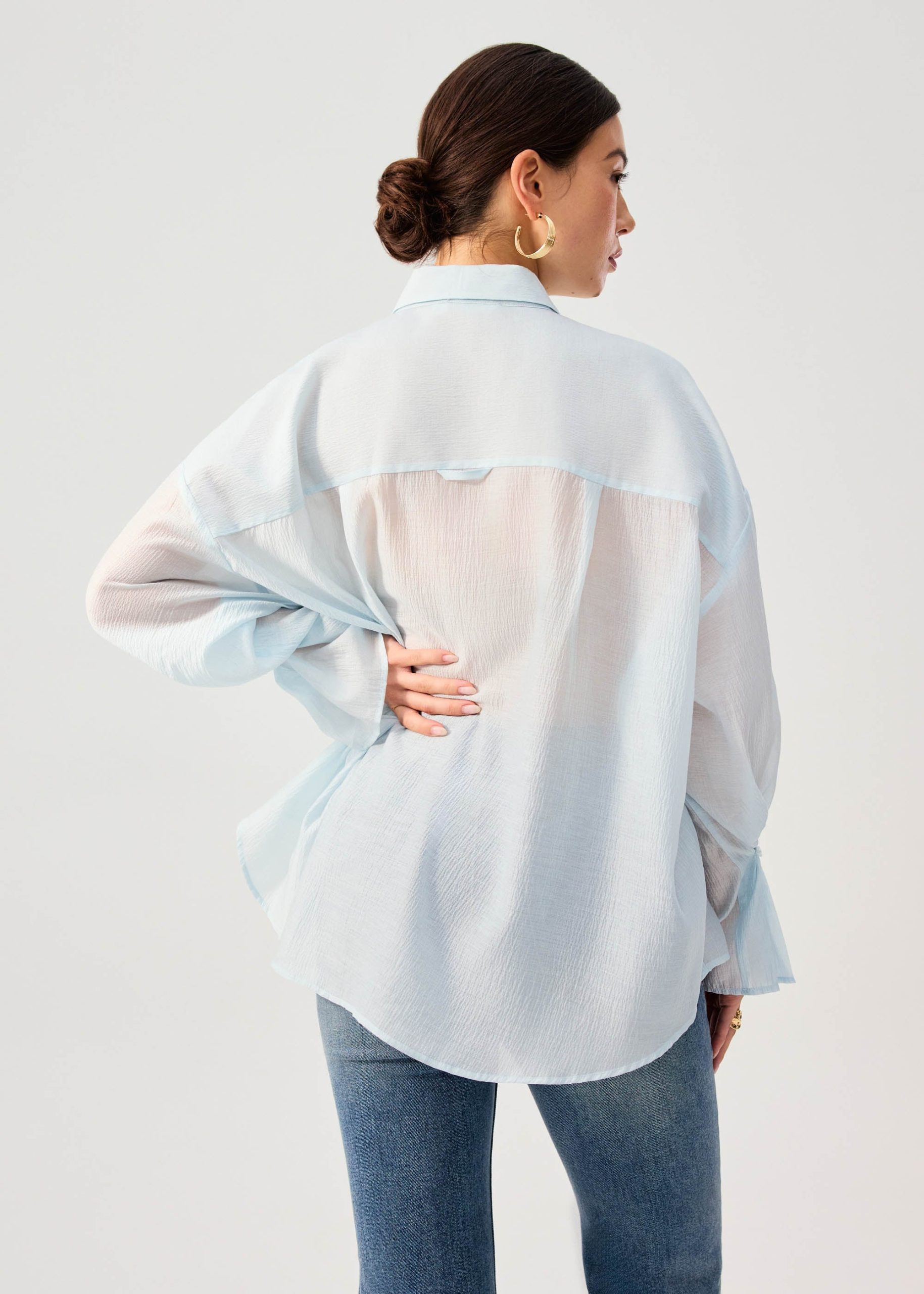 Oversized Sheer Lyocell Collared Poet Sleeve Blouse - Image 14