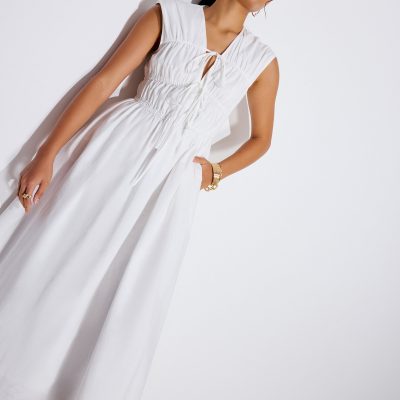Linen Front Tie Fit & Flare Elastic Midaxi Dress