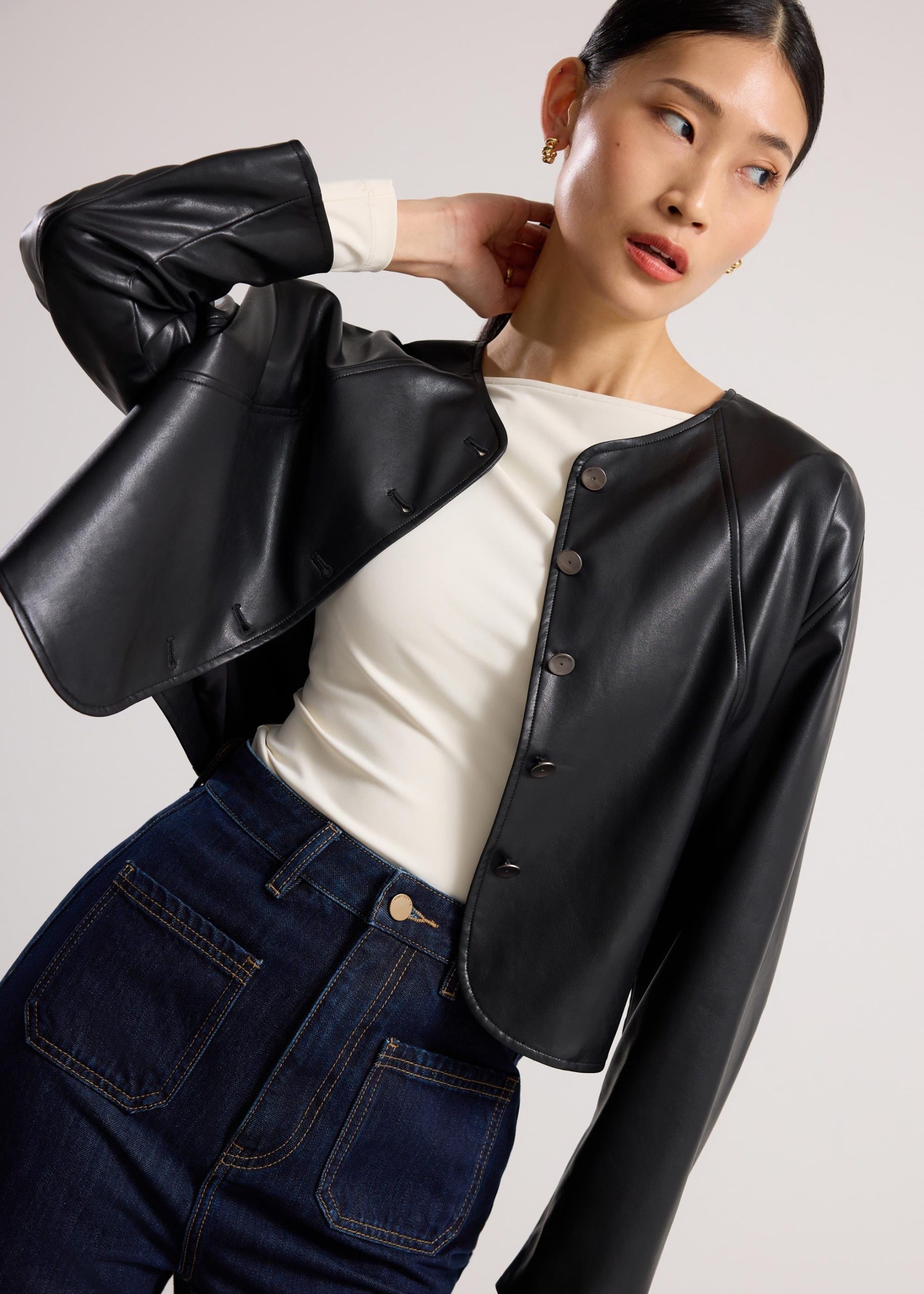 Relaxed Vegan Leather Collarless Button Down Jacket - Image 4