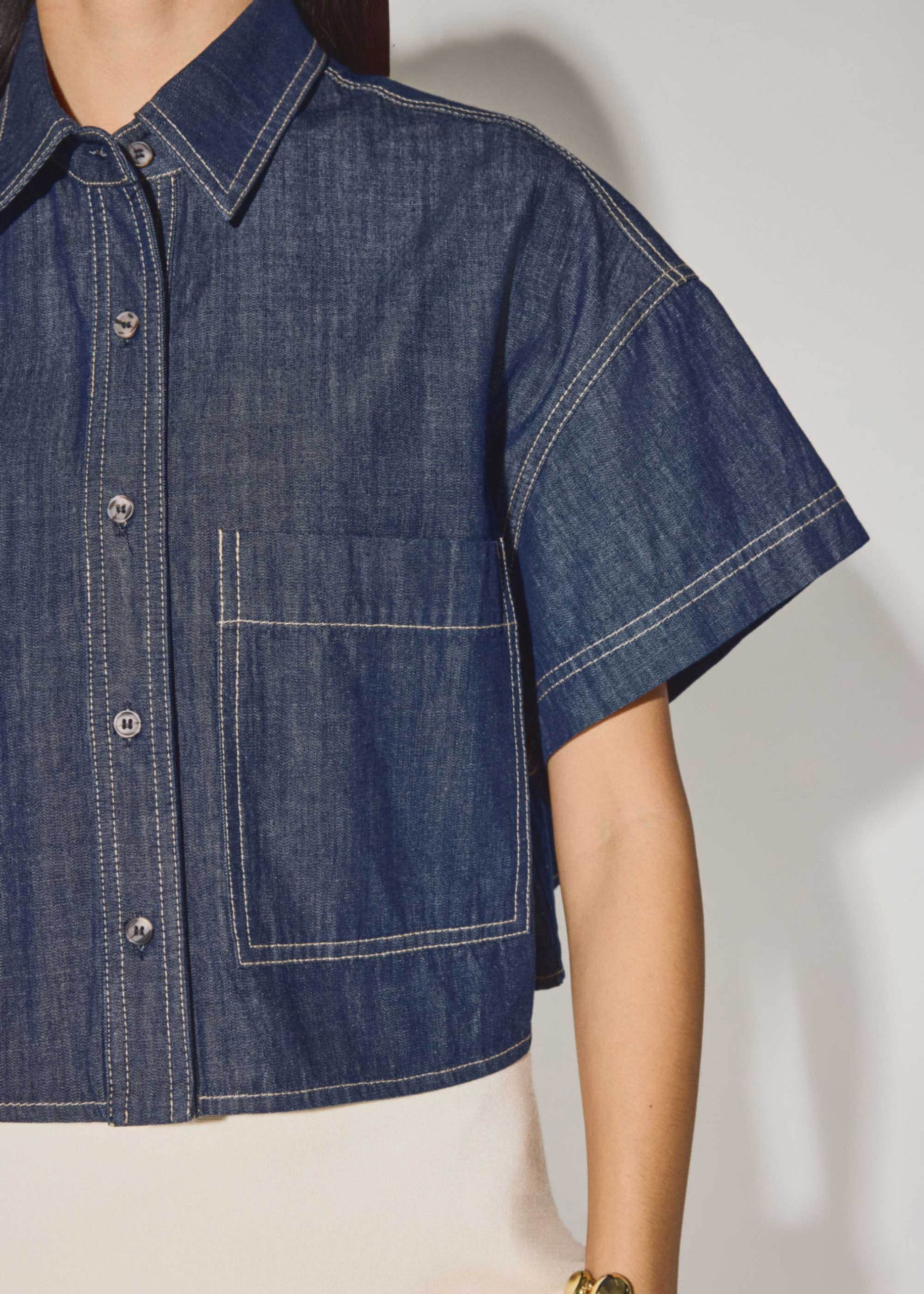 Denim Contrast Stitch Boxy Button Down Shirt - Image 3