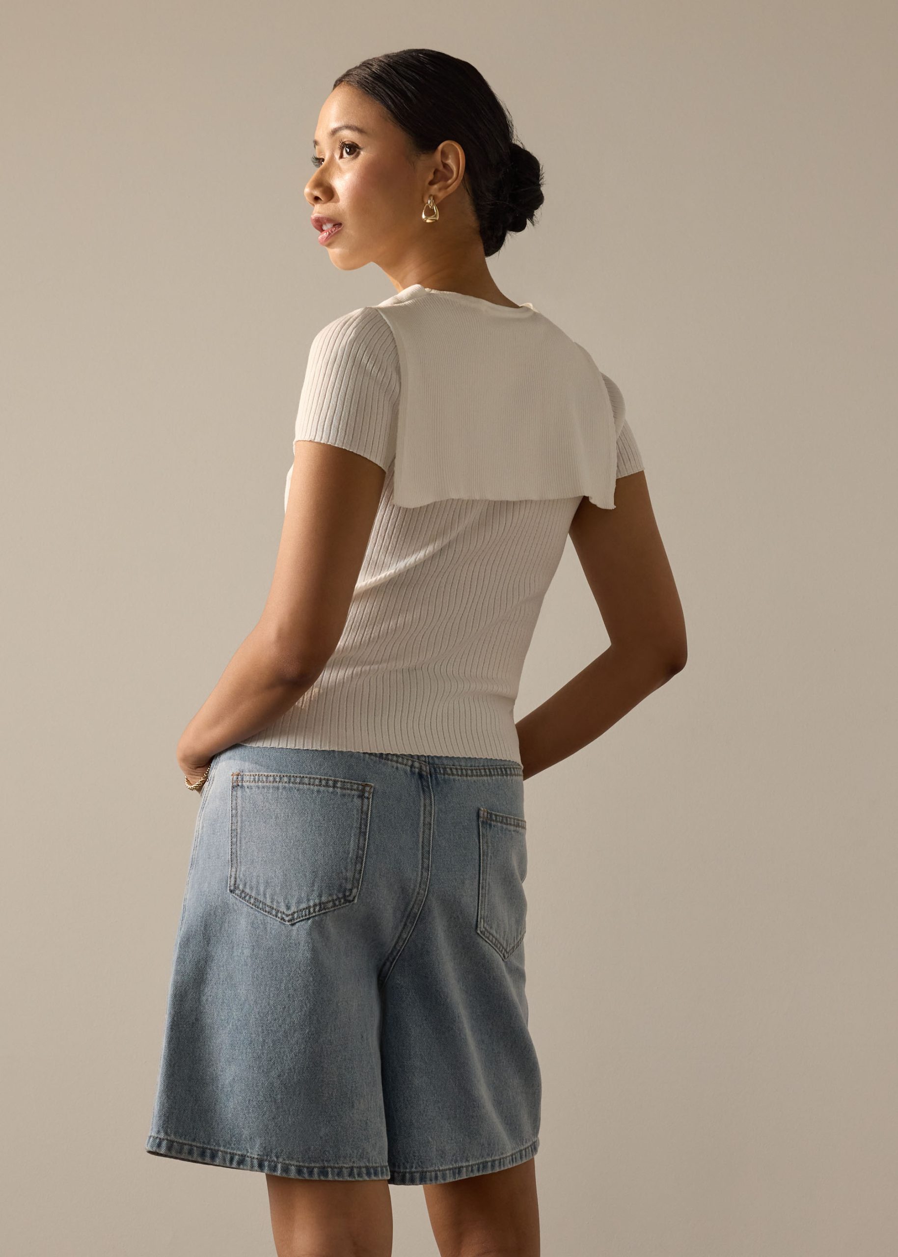 Knit Tie Collar Round Neck Top - Image 6