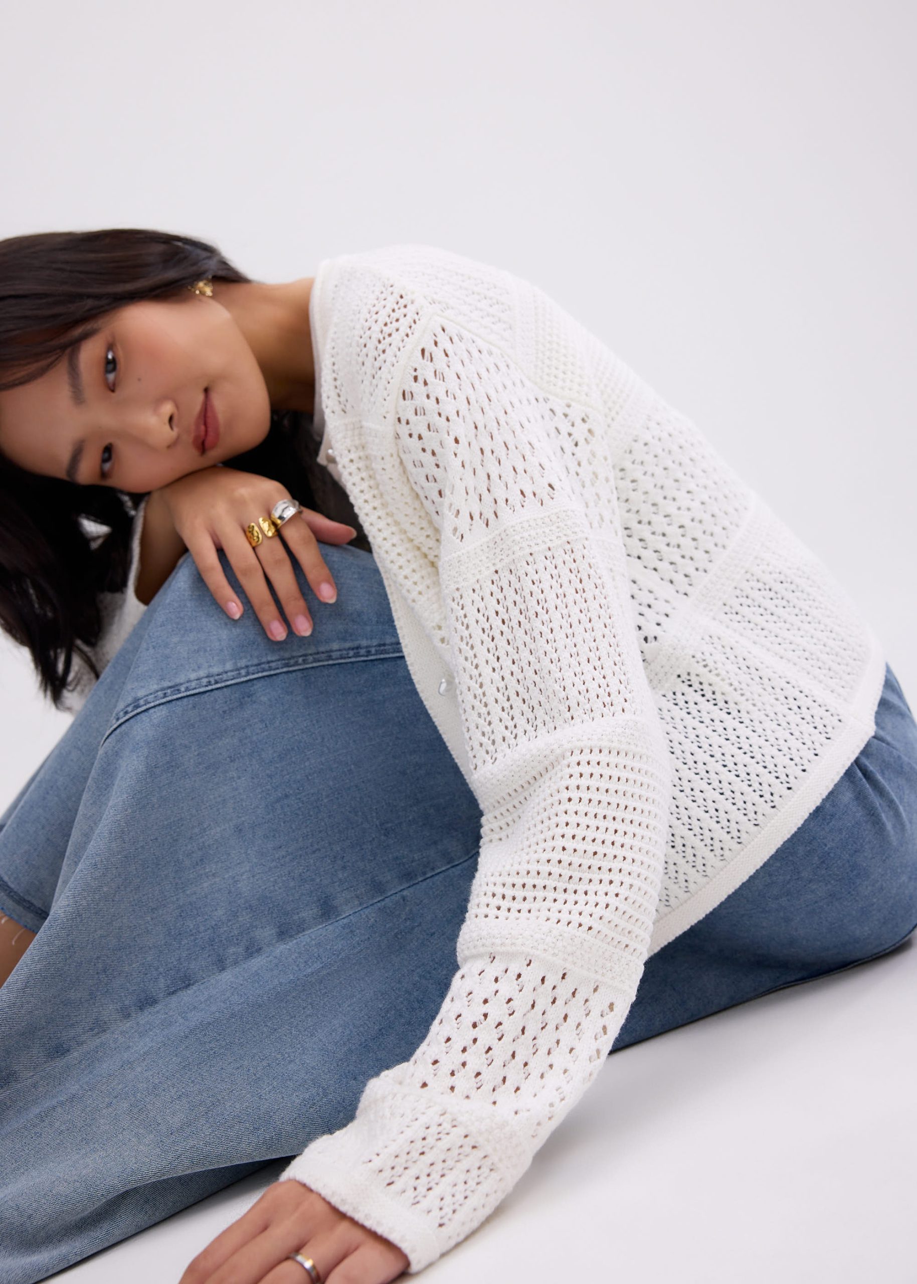 Relaxed Pointelle Knit Round Neck Cardigan - Image 12
