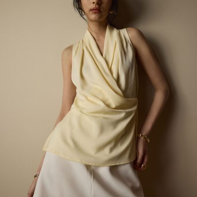Krystal Crepe Satin Draped V-neck Top