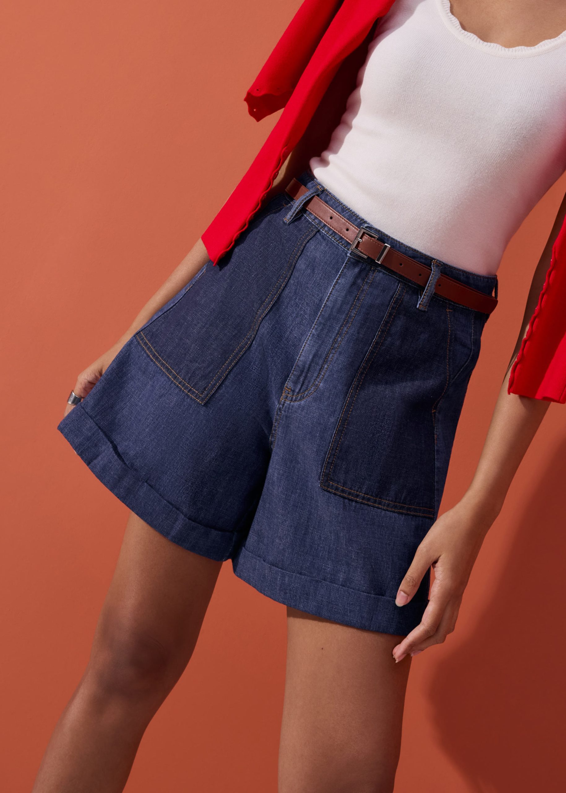 Denim High Waist A-line Cuffed Shorts - Image 2