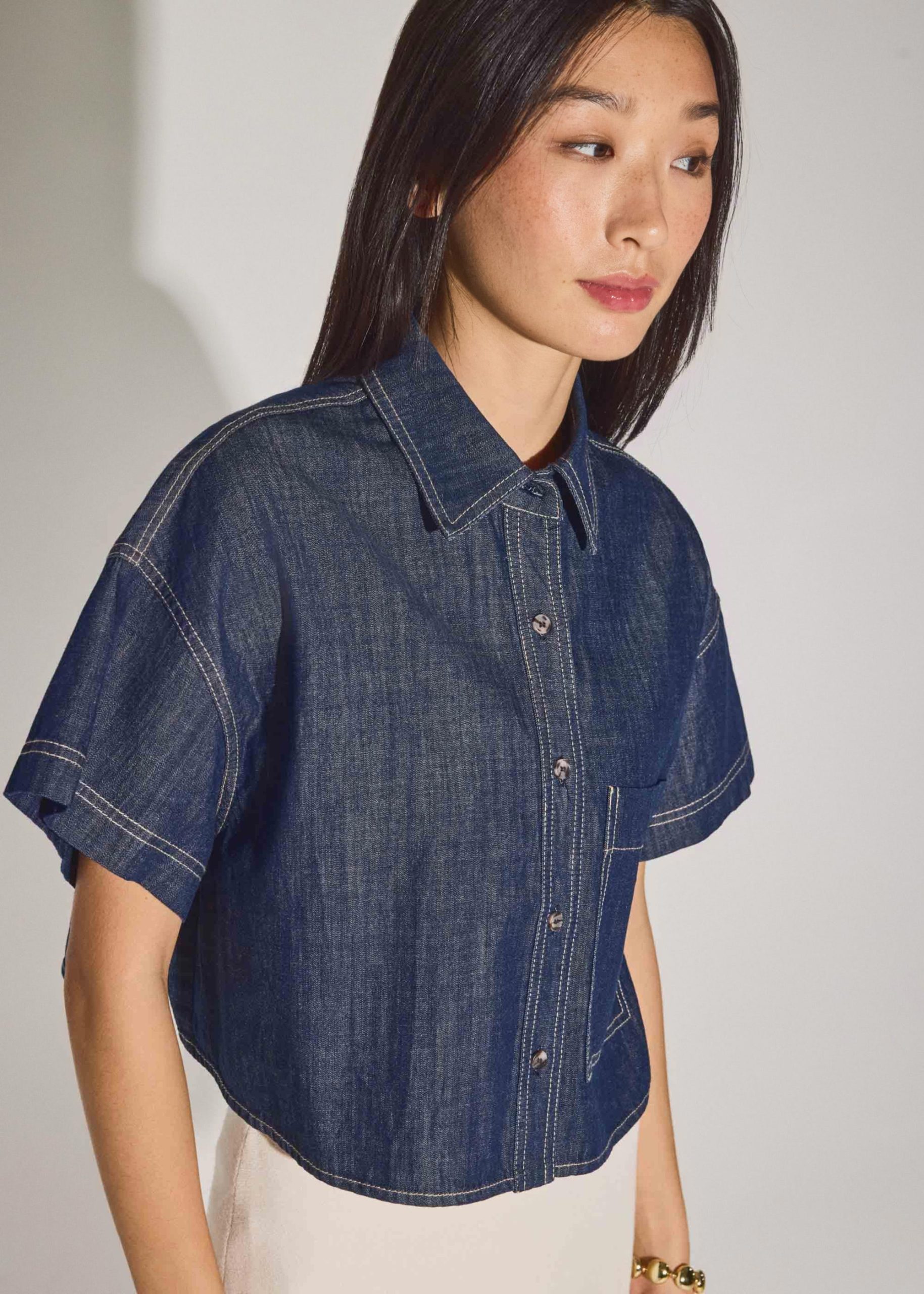 Denim Contrast Stitch Boxy Button Down Shirt