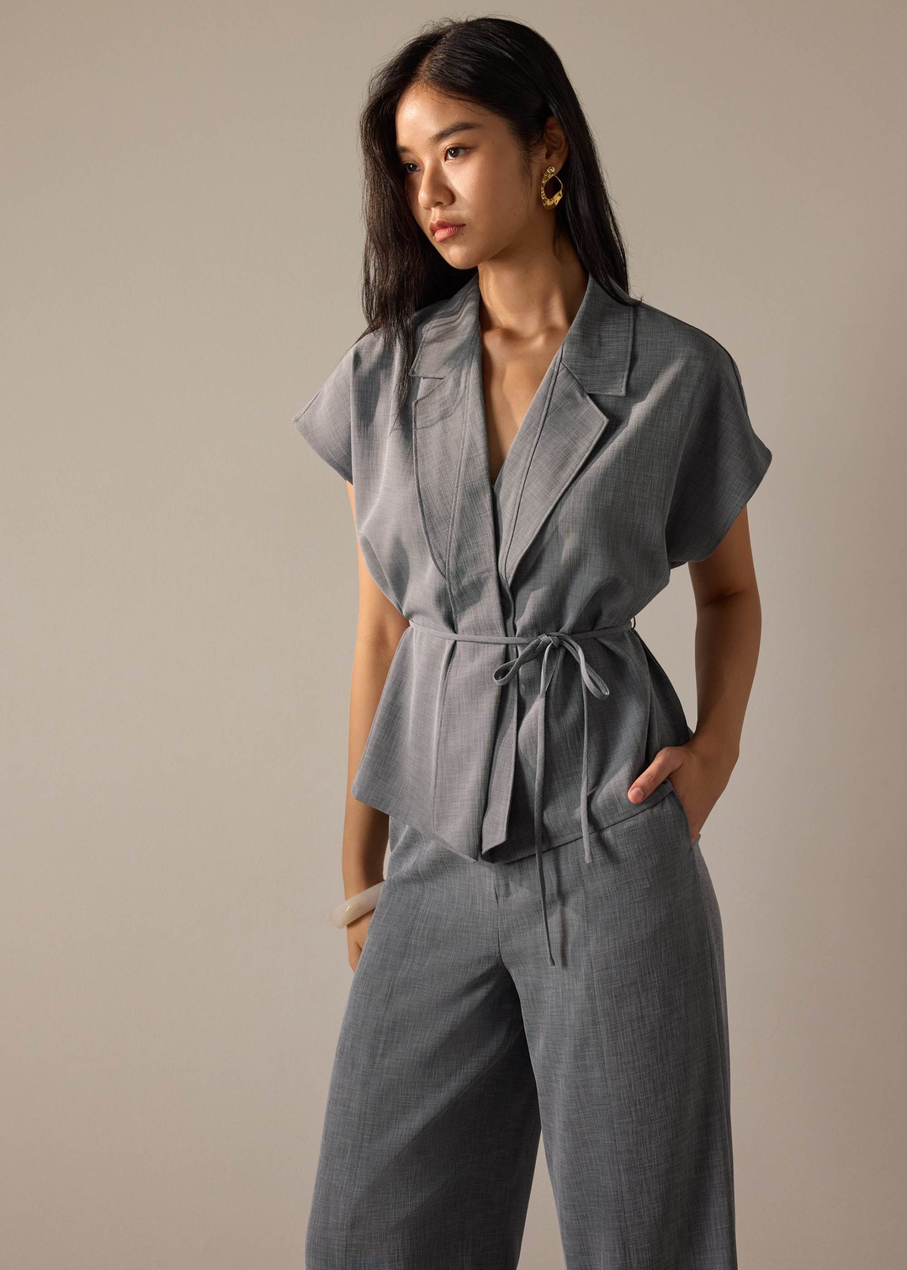 Vina Detachable Sash Melange Front Wrap Top - Image 10