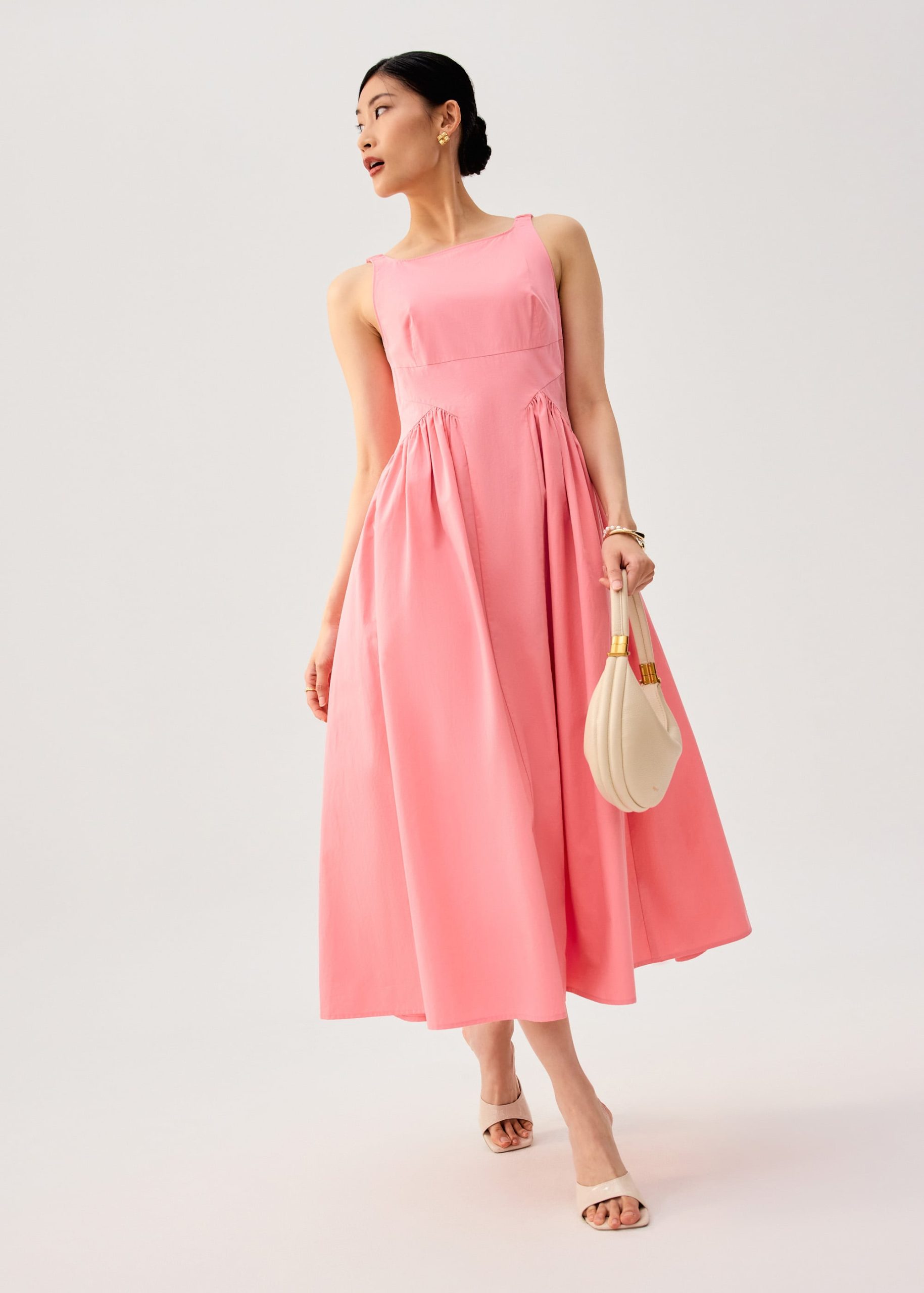 Elastic Strap Cotton Straight Neck Fit & Flare Maxi Dress