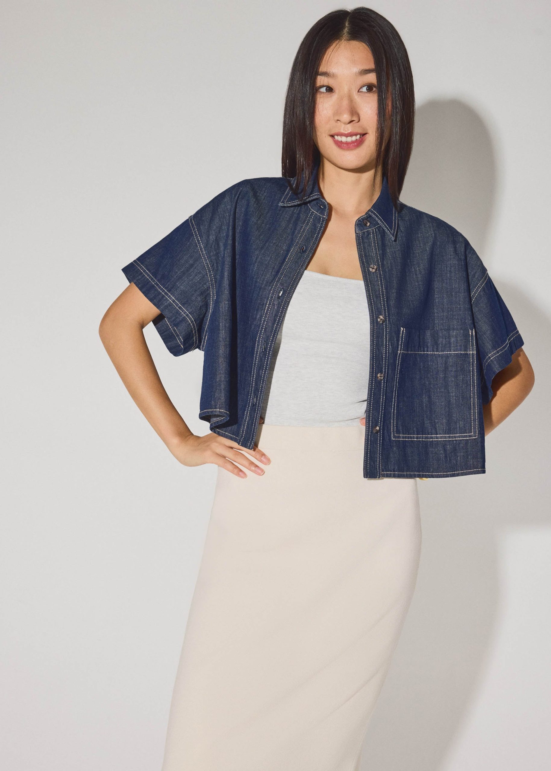 Denim Contrast Stitch Boxy Button Down Shirt - Image 2