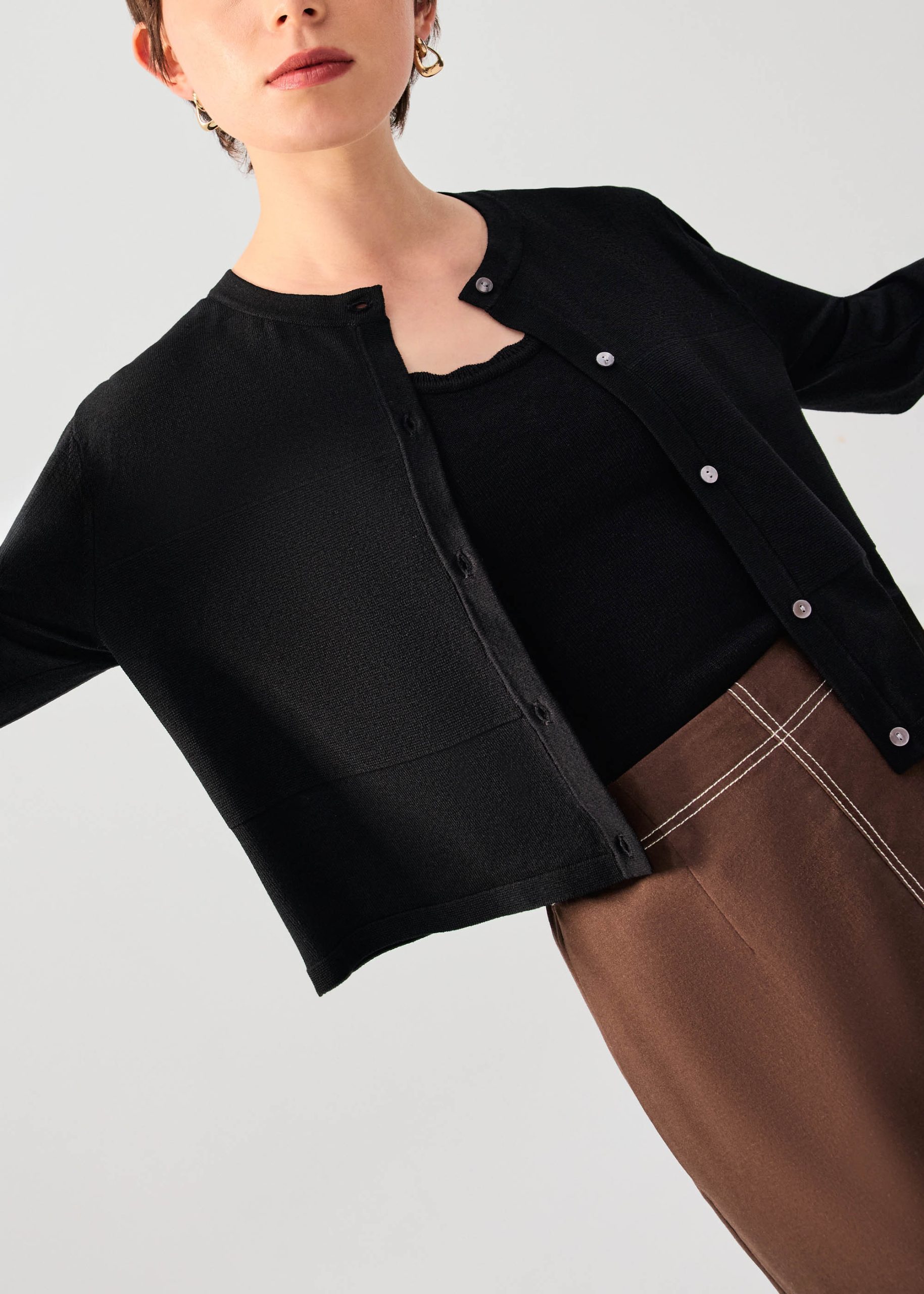 Sheer Knit Front Panel Round Neck Cardigan - Image 6
